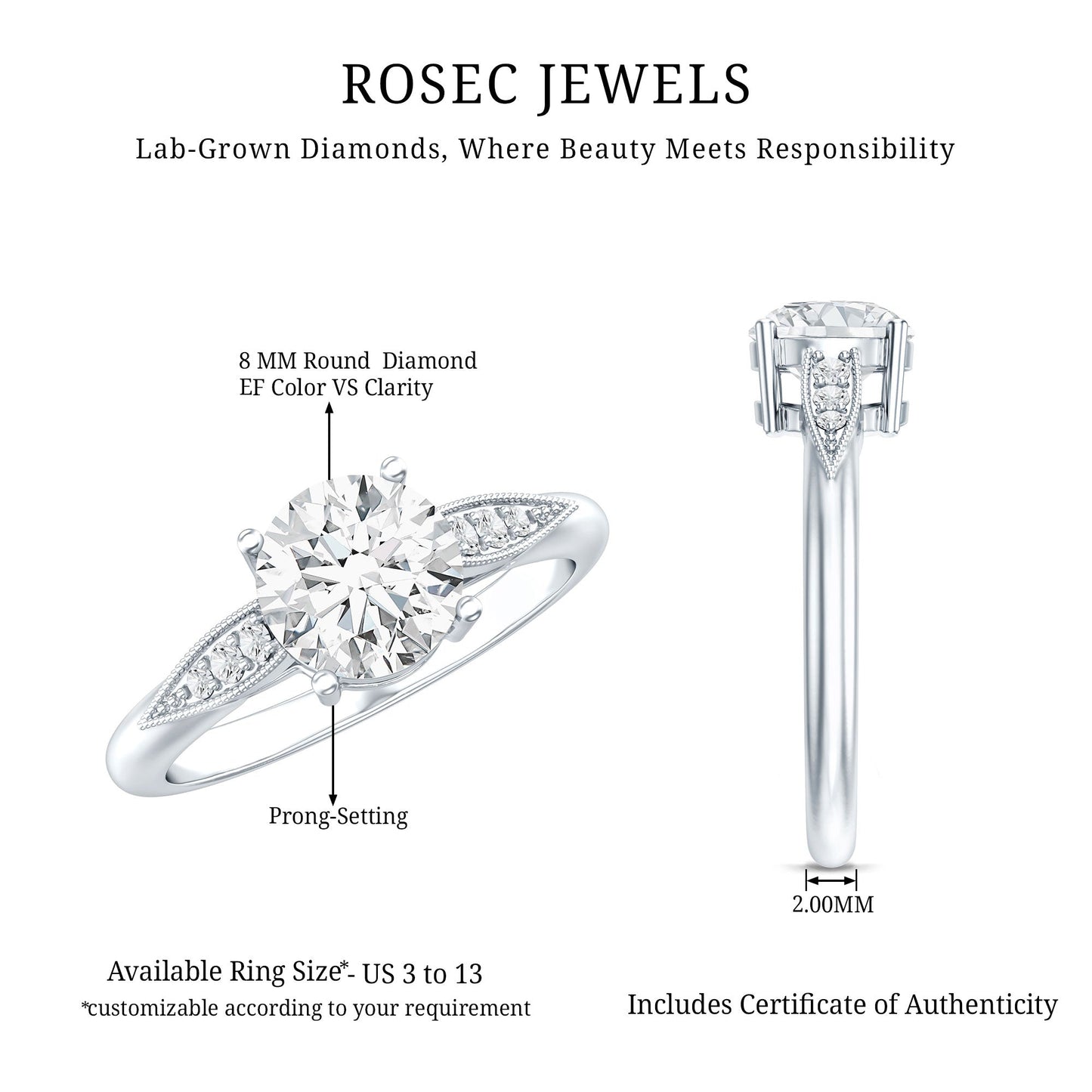 Certified Lab Grown Diamond 8MM Classic Engagement Ring