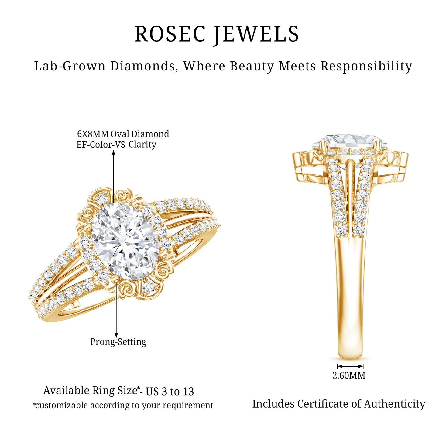 6X8 MM Oval Lab Grown Diamond Vintage Engagement Ring For Women