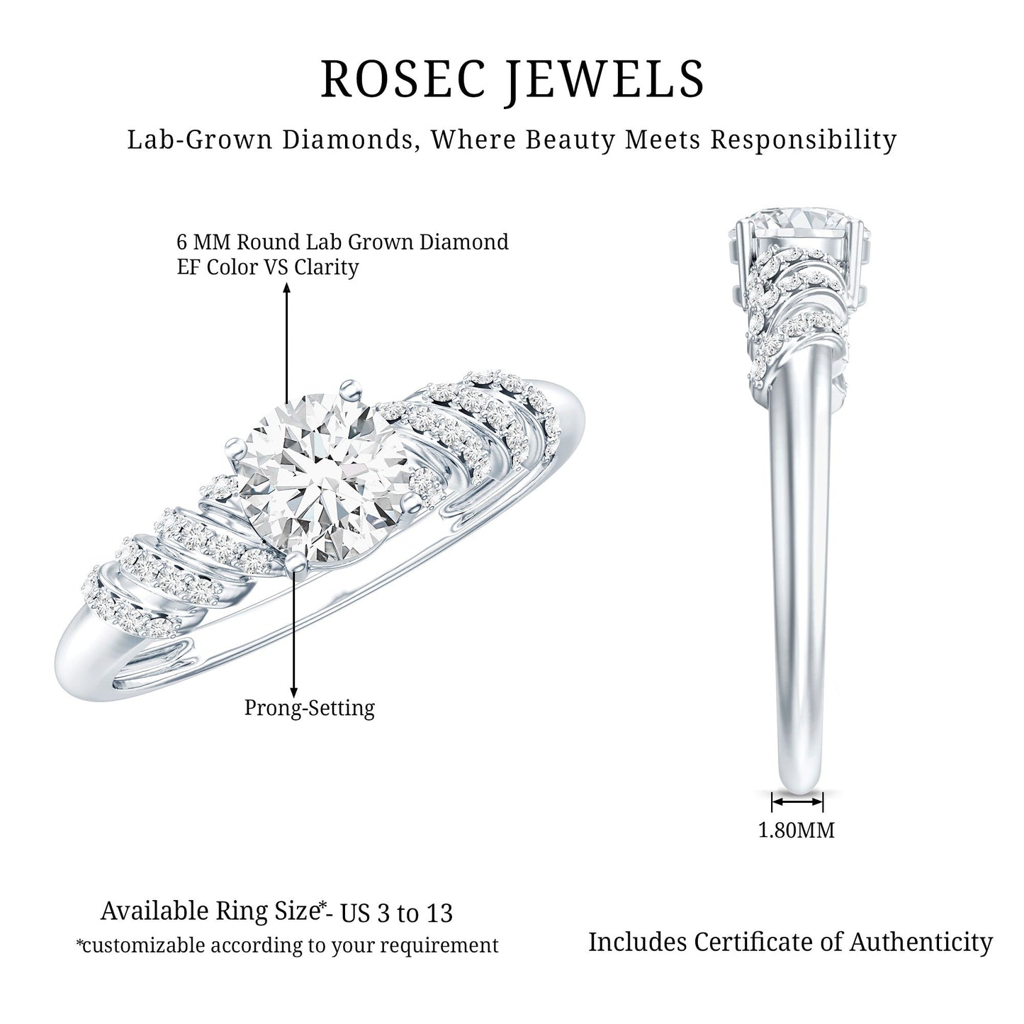 6 MM Lab Grown Diamond Designer Engagement Ring With Side Stones