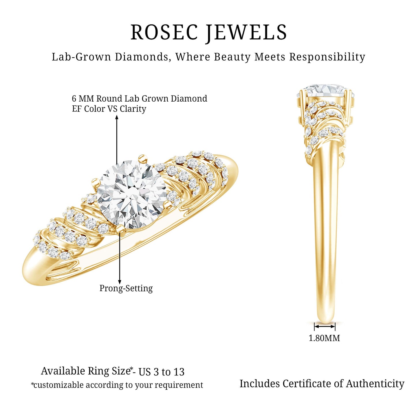 6 MM Lab Grown Diamond Designer Engagement Ring With Side Stones