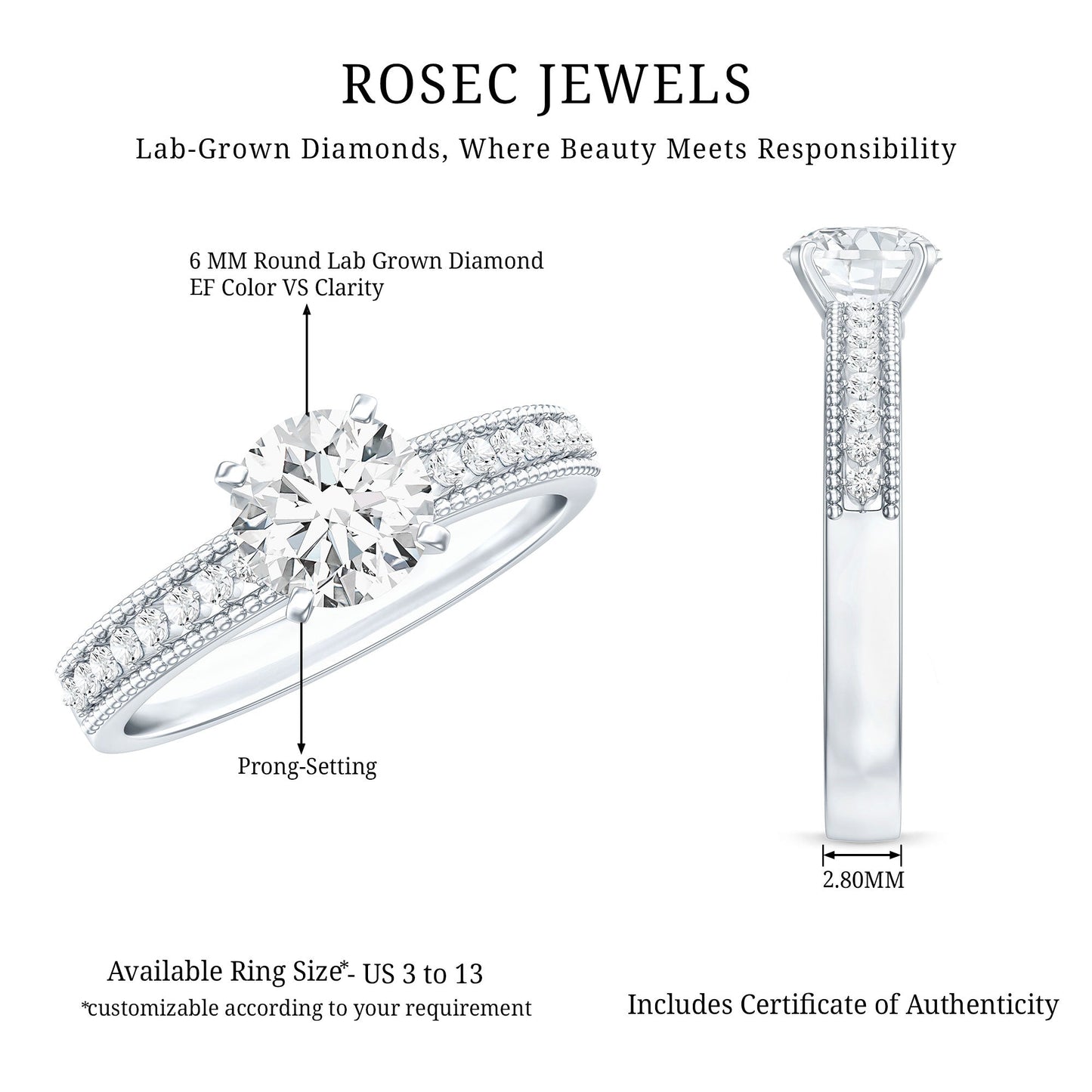 Certified 6 MM Lab Grown Diamond Engagement Ring with Side Stones