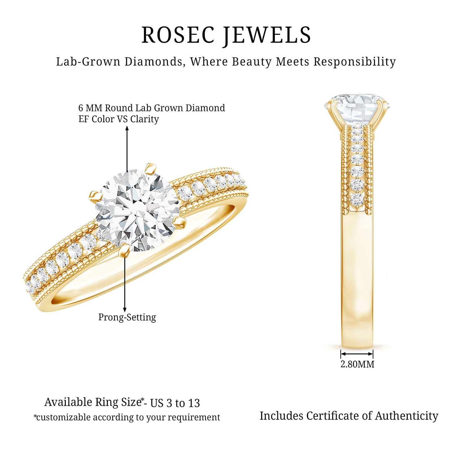 Certified 6 MM Lab Grown Diamond Engagement Ring with Side Stones