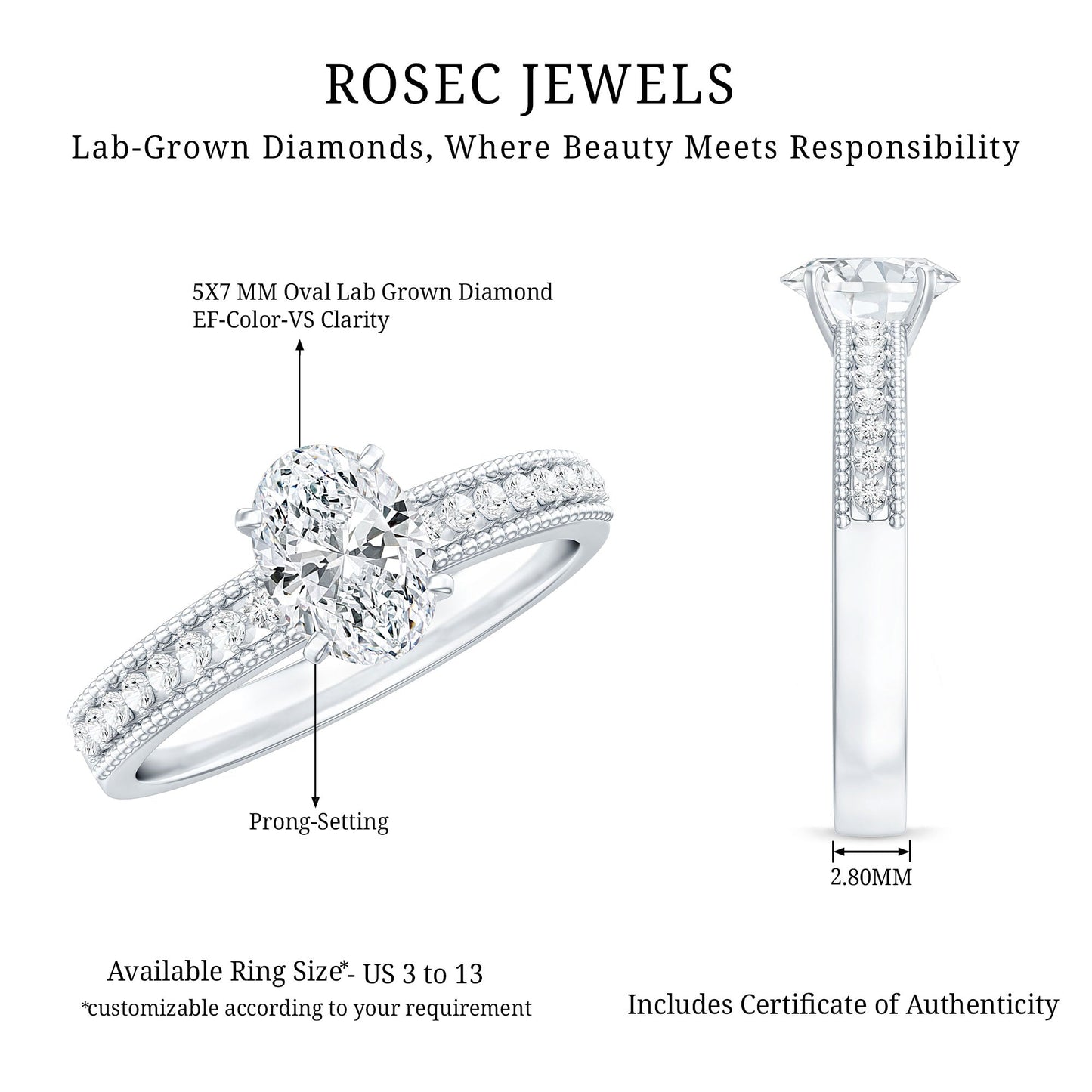 Certified 5X7 MM Oval Lab Grown Diamond Vintage Inspired Engagement Ring