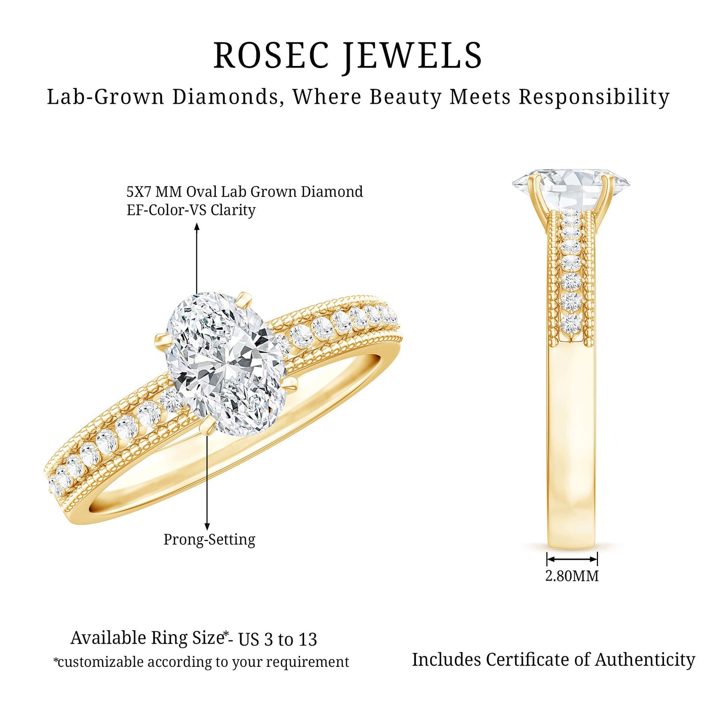 Certified 5X7 MM Oval Lab Grown Diamond Vintage Inspired Engagement Ring