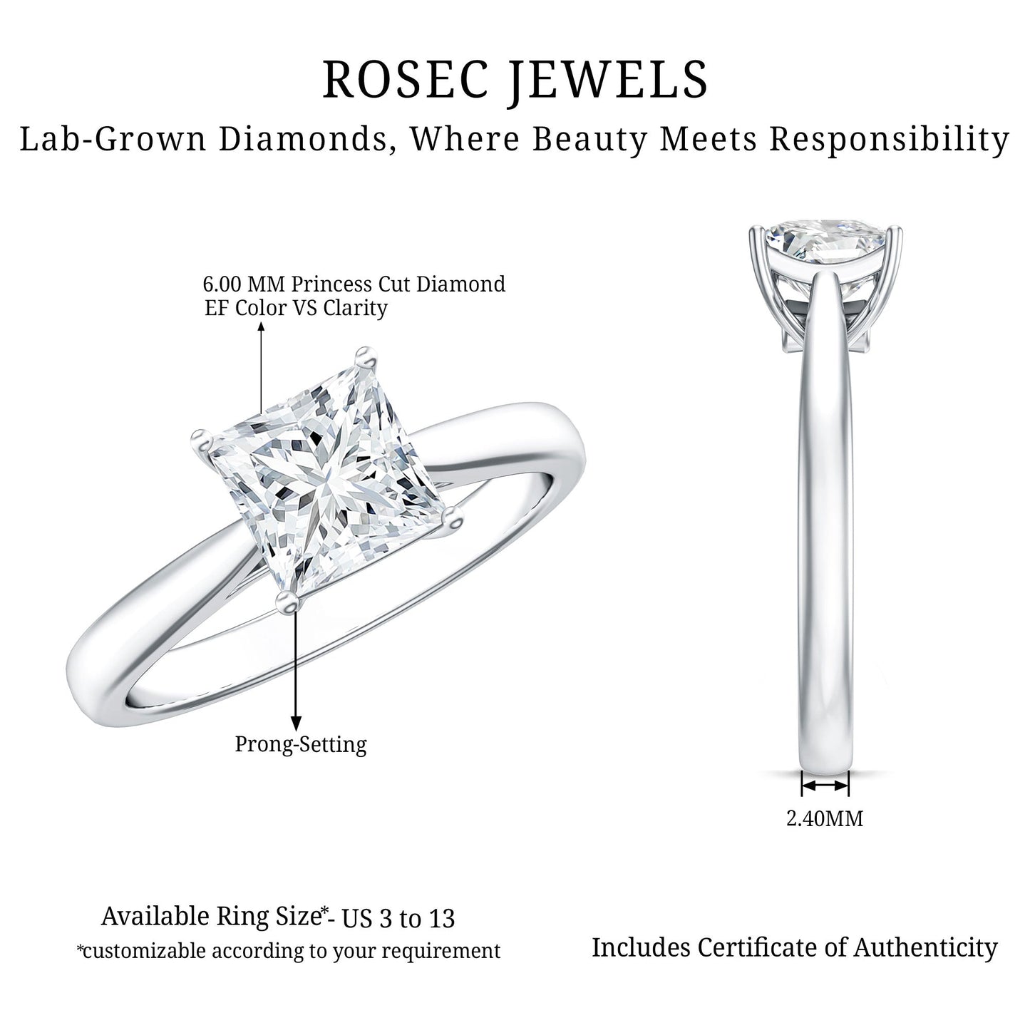 6 MM Princess Cut Lab Grown Diamond Solitaire Engagement Ring For Women