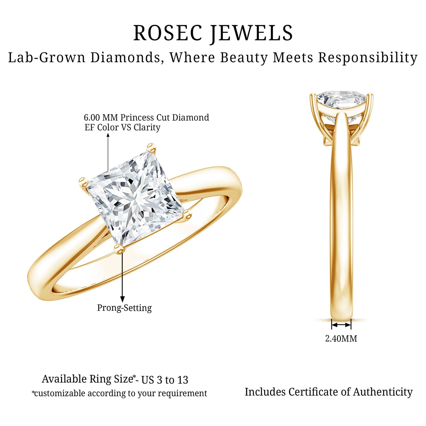 6 MM Princess Cut Lab Grown Diamond Solitaire Engagement Ring For Women