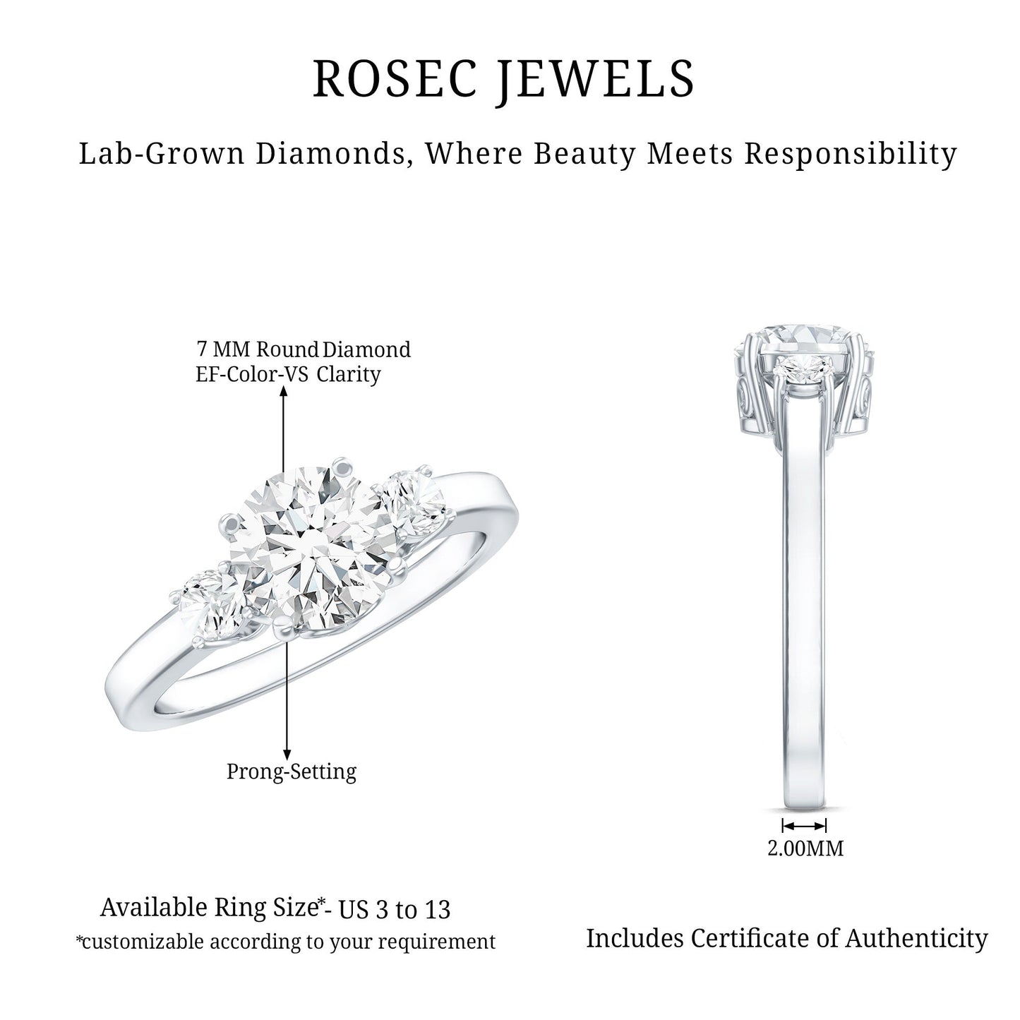 3 Stone Lab Grown Diamond Engagement Ring for Women