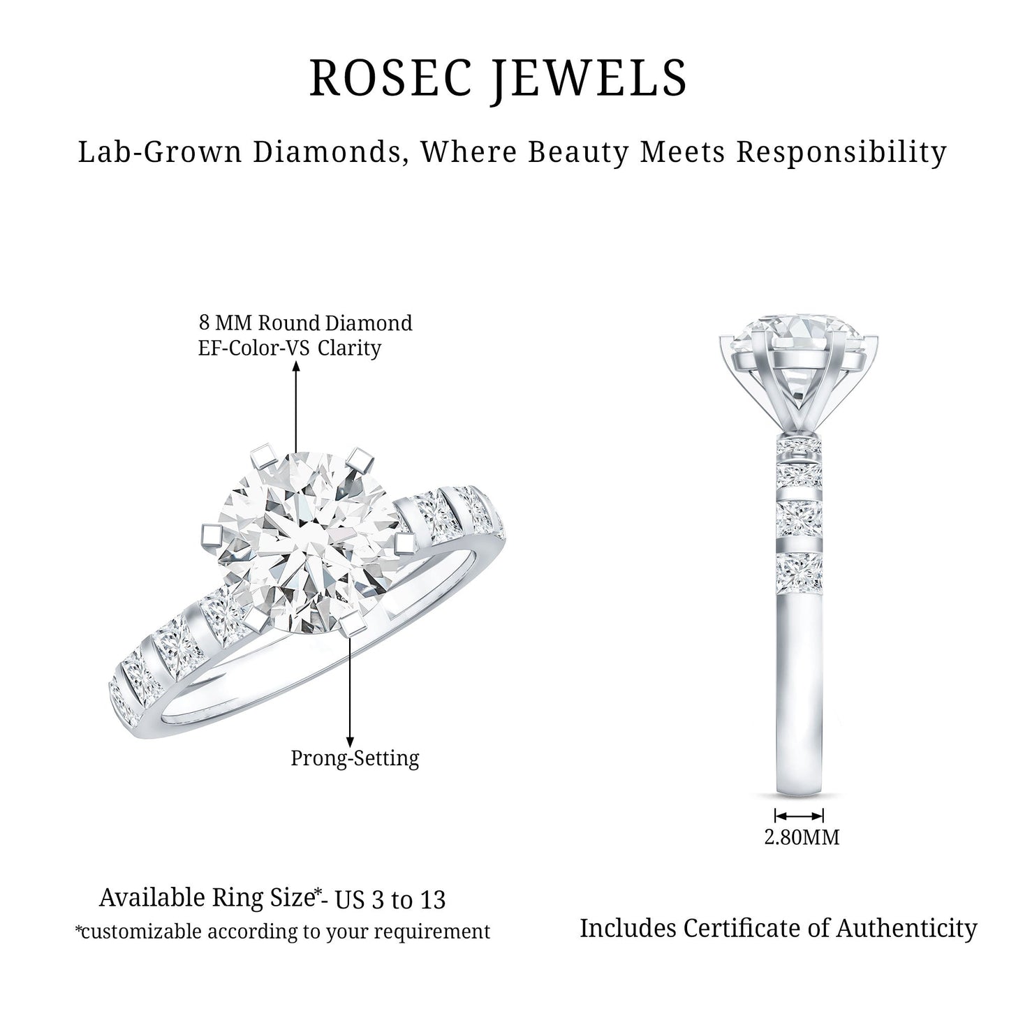 Certified Lab Diamond 8 mm Round Engagement Ring With 6 Prong