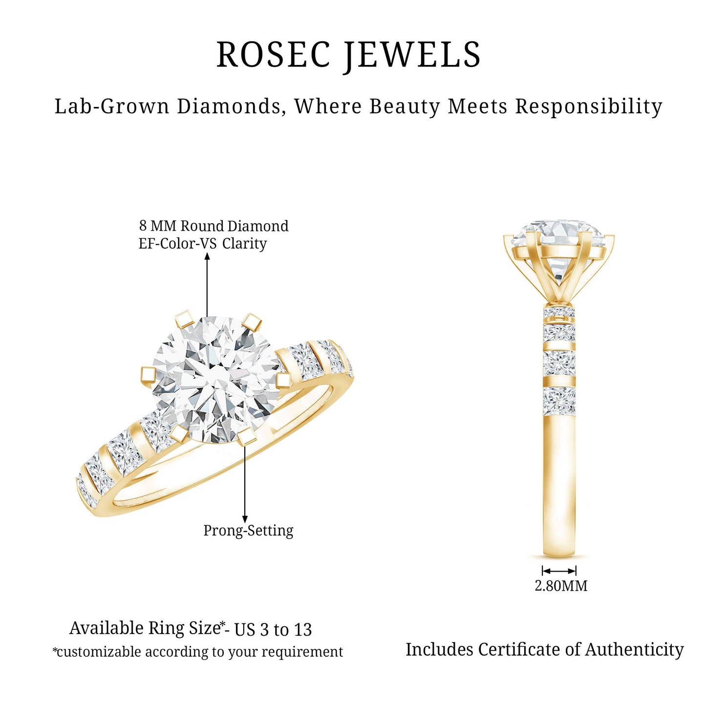 Certified Lab Diamond 8 mm Round Engagement Ring With 6 Prong