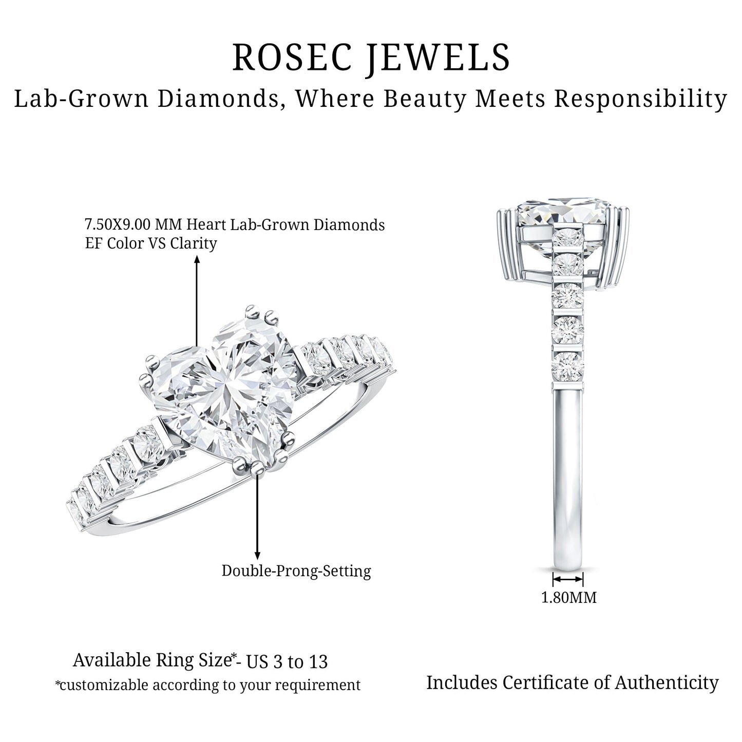 Certified 8 MM Lab Grown Diamond Heart Engagement Ring for Her