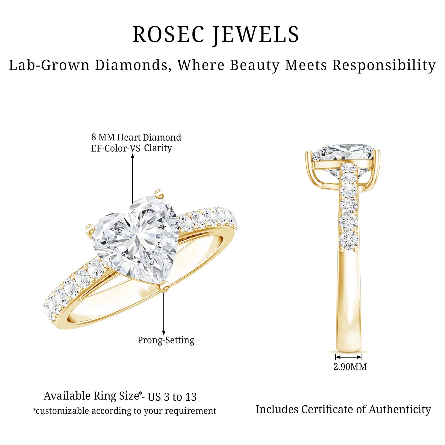 3 Prong Lab Grown Diamond Heart Engagement Ring For Women