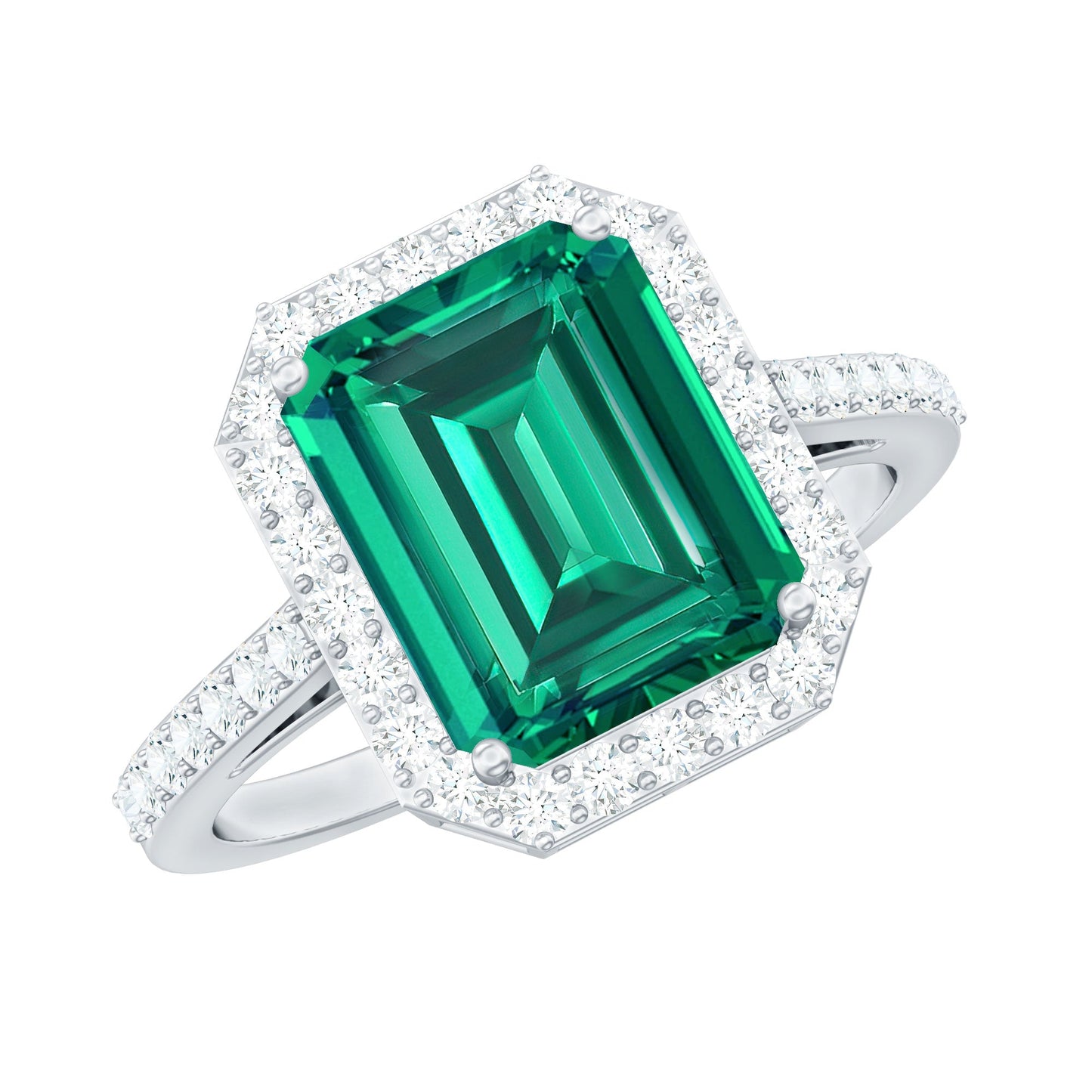 Lab Grown 8X10 mm Emerald Cut Emerald Engagement Ring with Diamond Halo