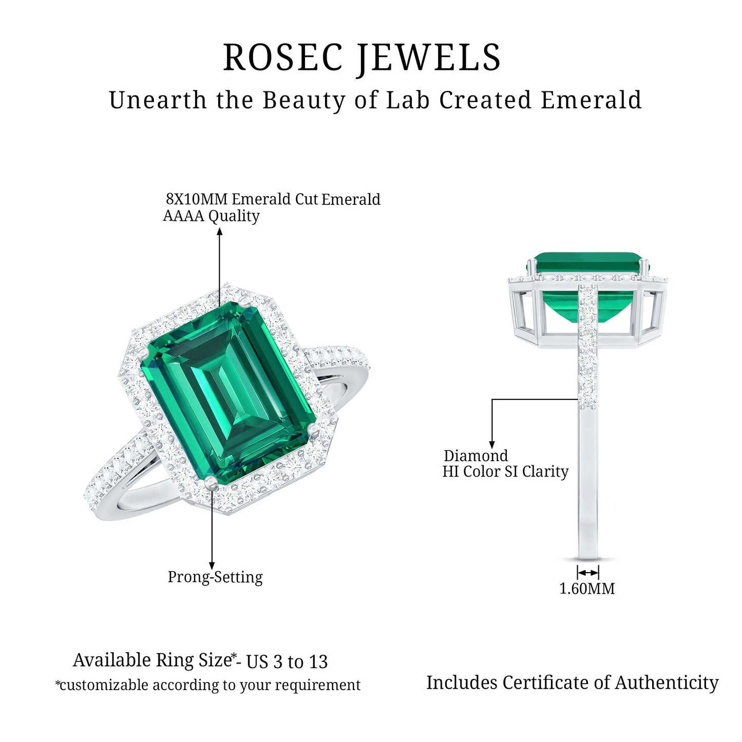 Lab Grown 8X10 mm Emerald Cut Emerald Engagement Ring with Diamond Halo