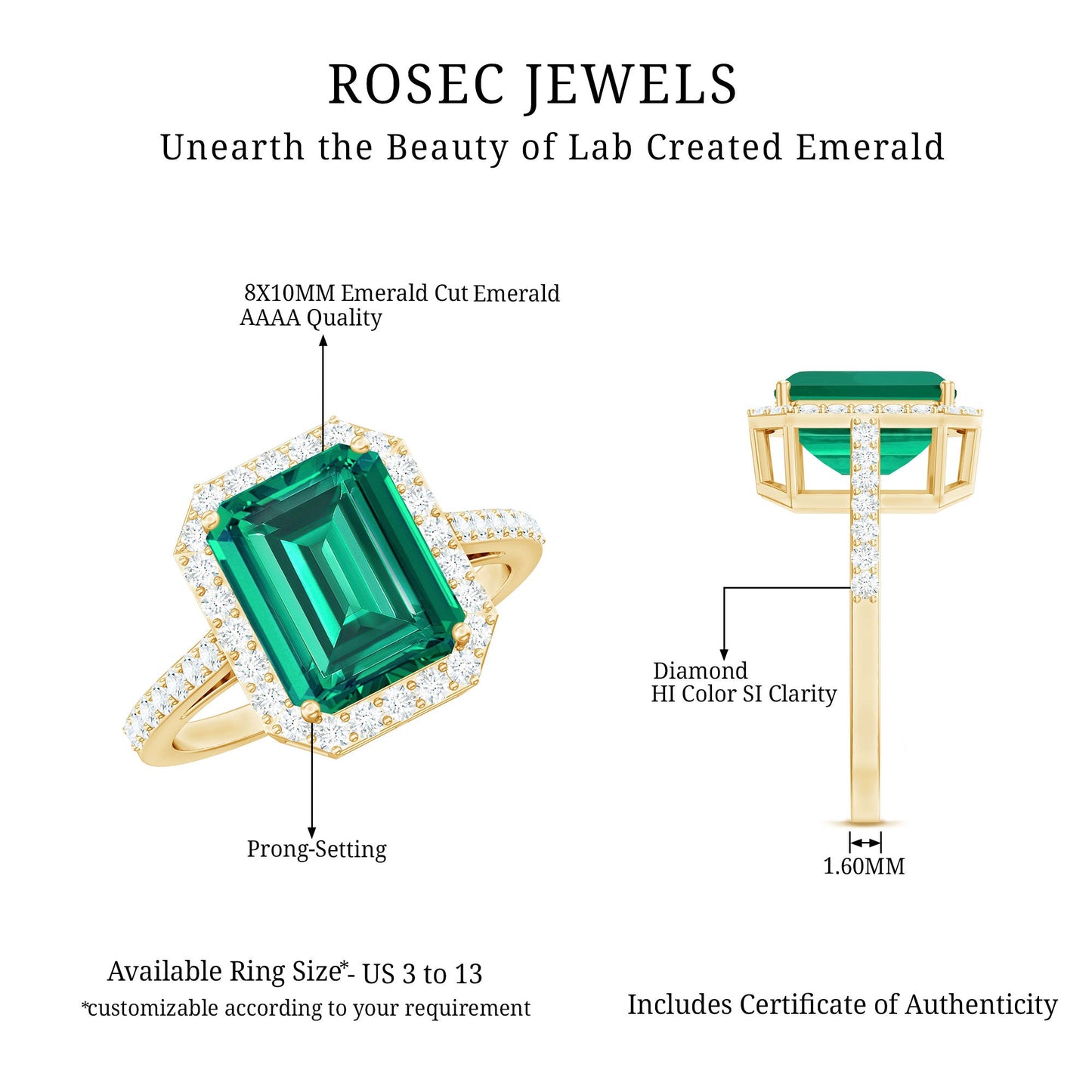 Lab Grown 8X10 mm Emerald Cut Emerald Engagement Ring with Diamond Halo