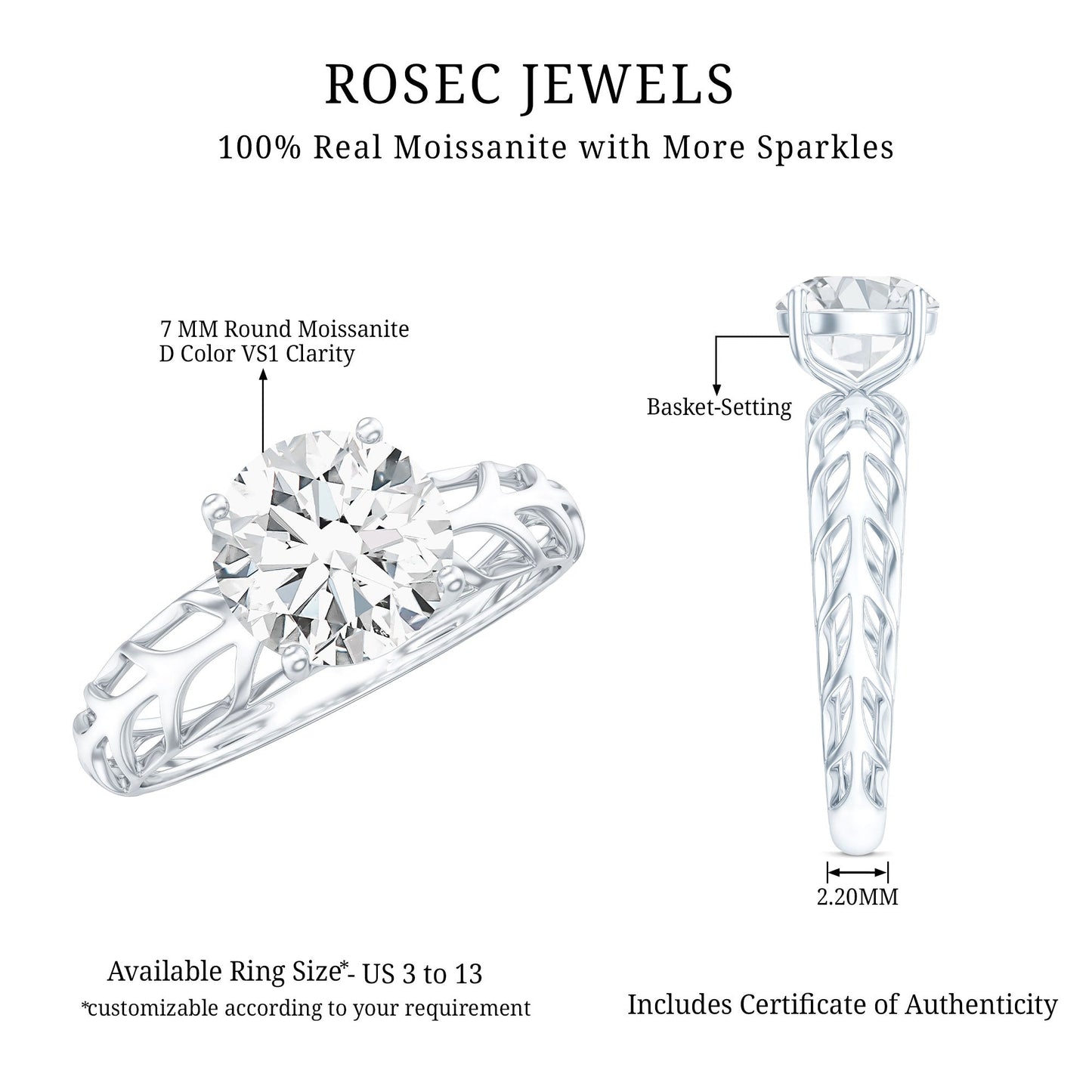 7 MM Solitaire Moissanite Engagement Ring with Filigree Band