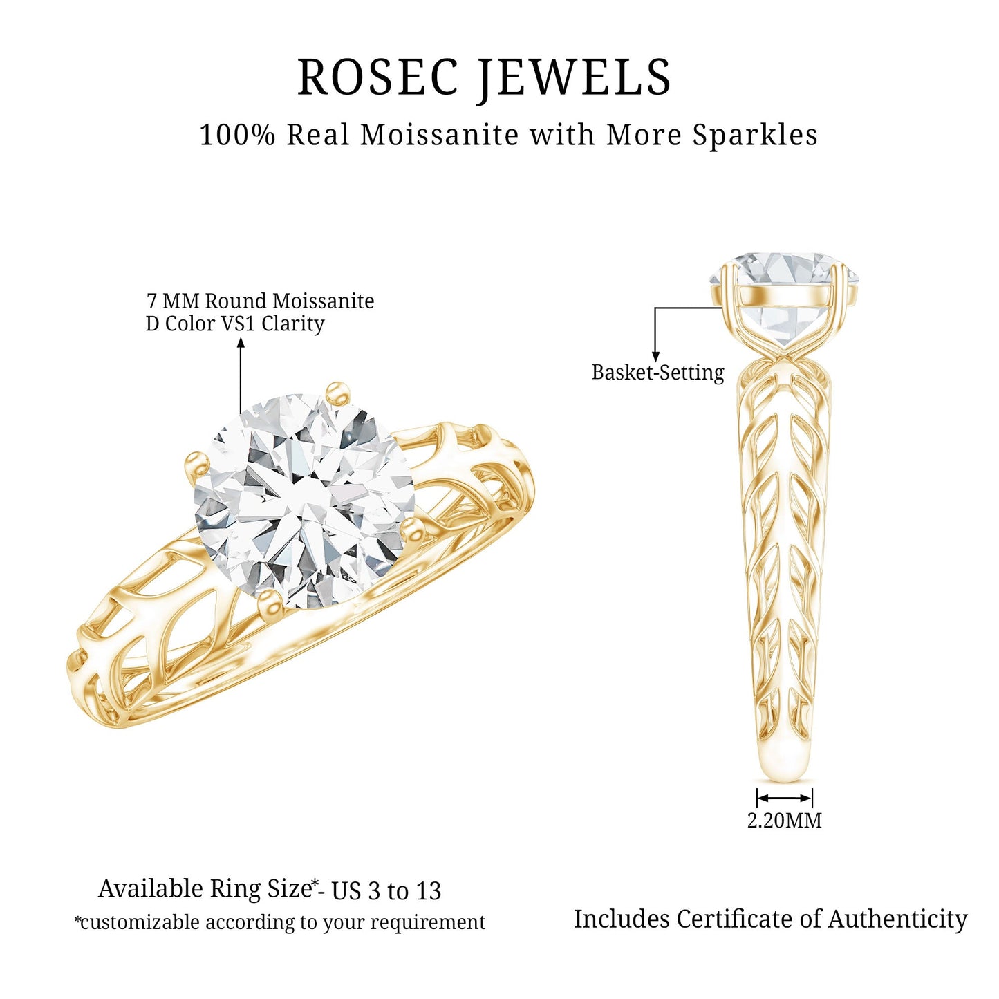 7 MM Solitaire Moissanite Engagement Ring with Filigree Band