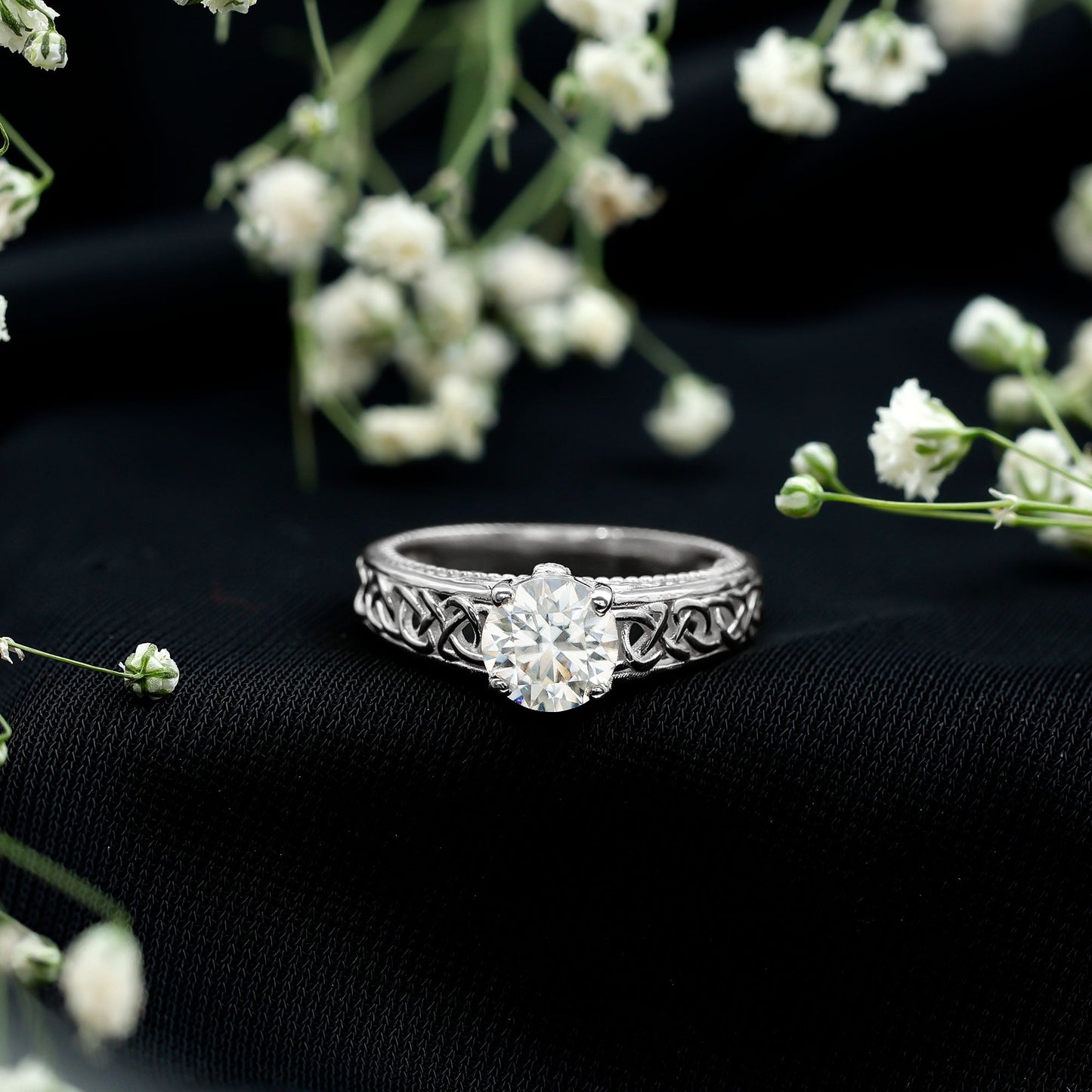 Moissanite Vintage Style Engagement Ring with Celtic Details