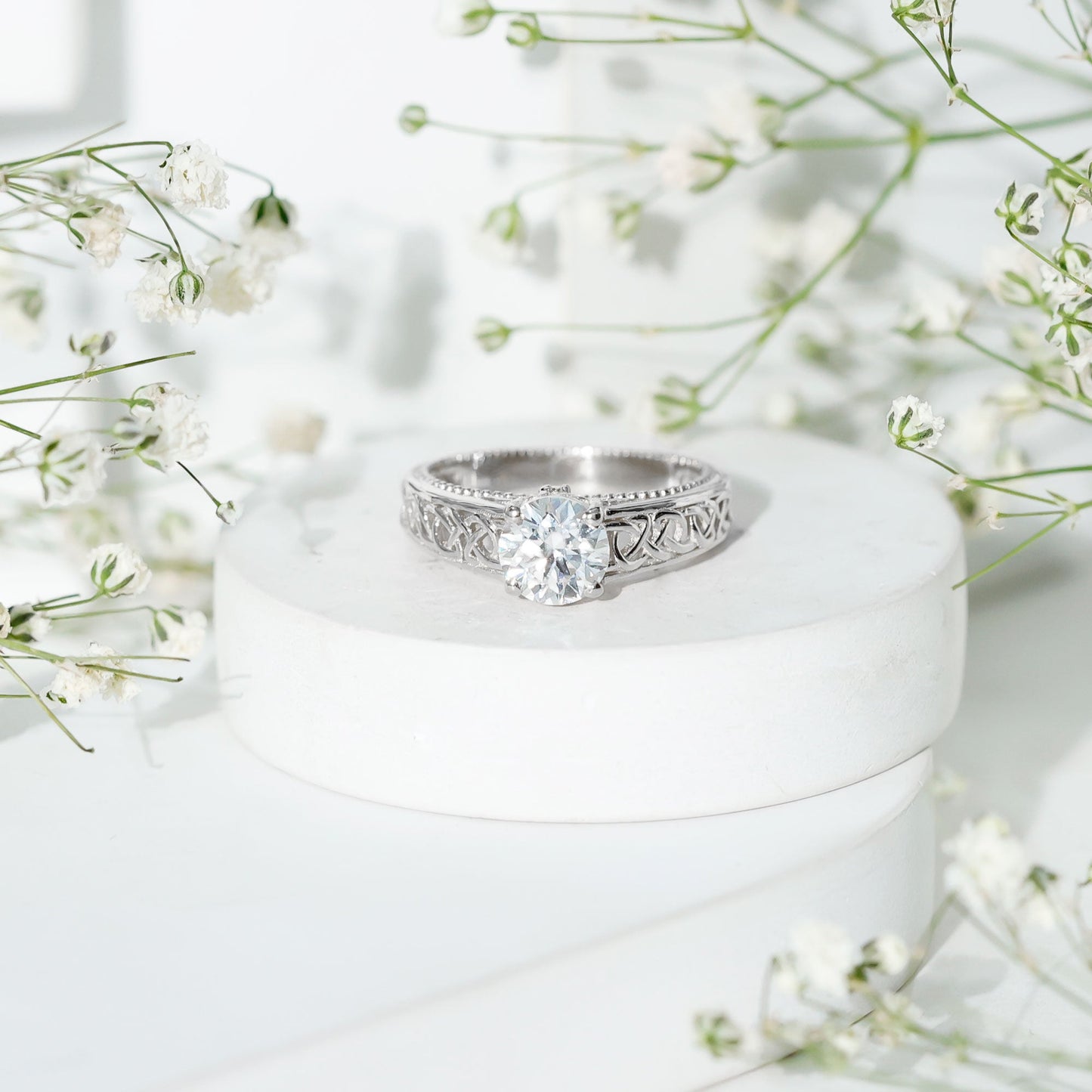 Moissanite Vintage Style Engagement Ring with Celtic Details