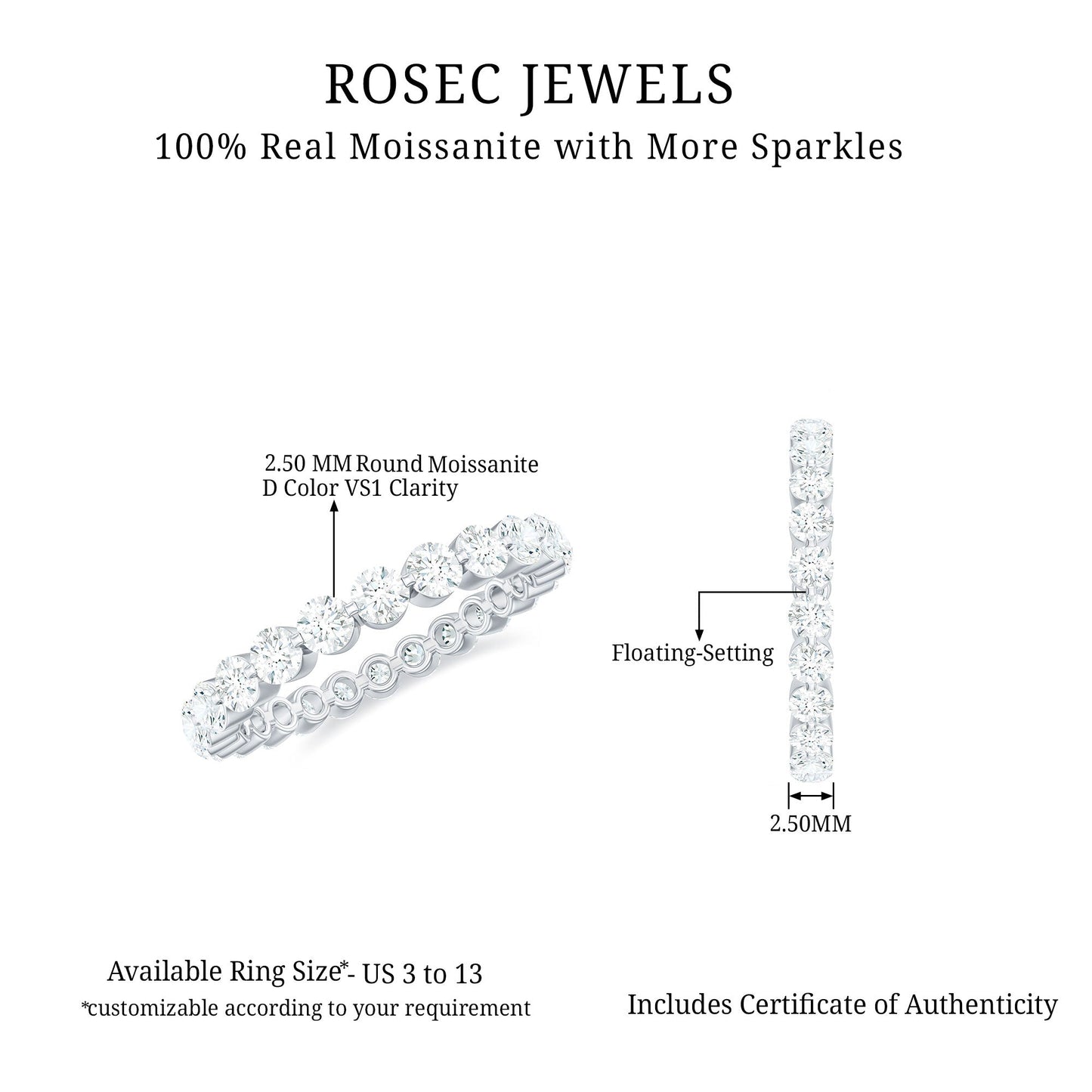 Certified Round Cut Moissanite Eternity Band Ring