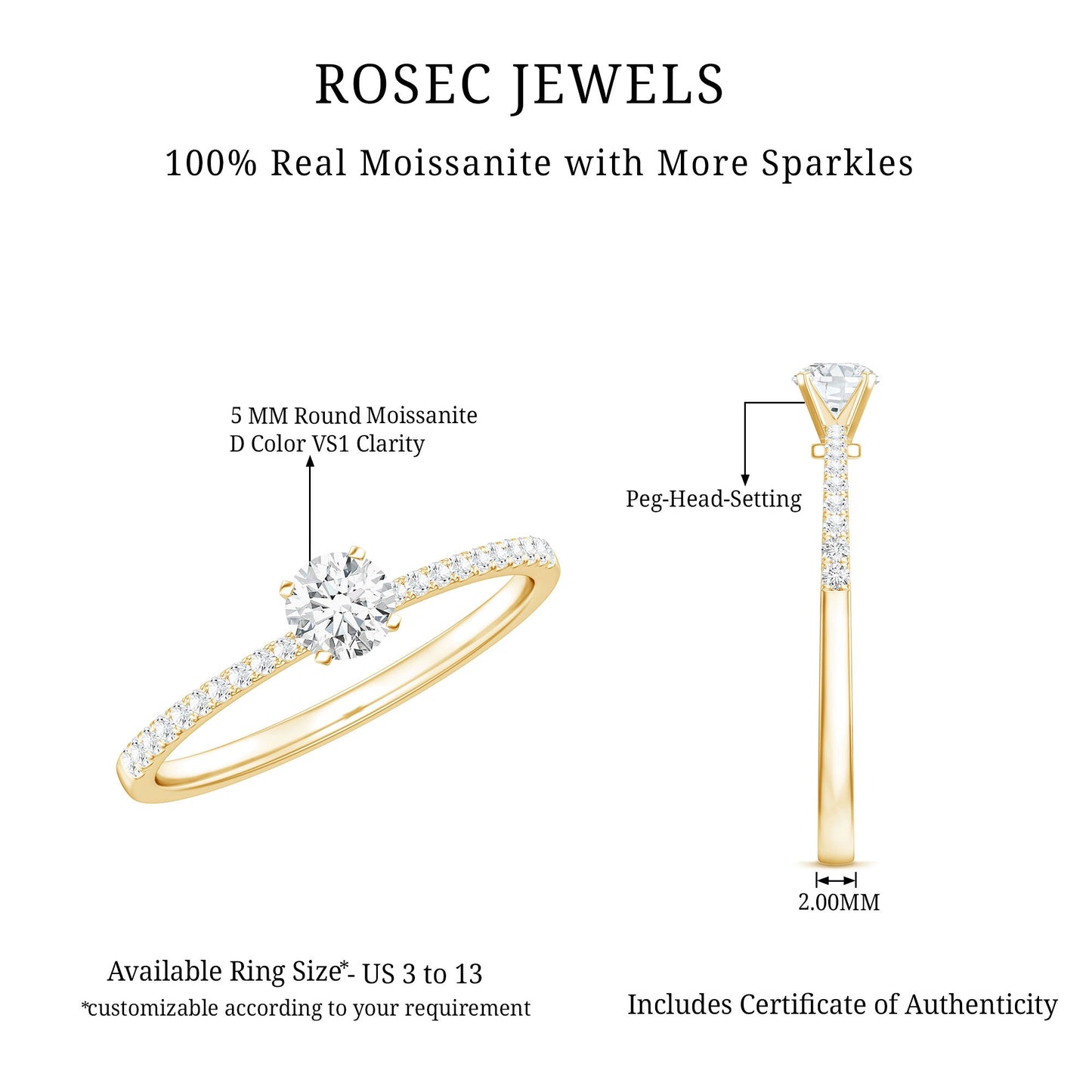 Certified 5 MM Round Moissanite Solitaire Promise Ring