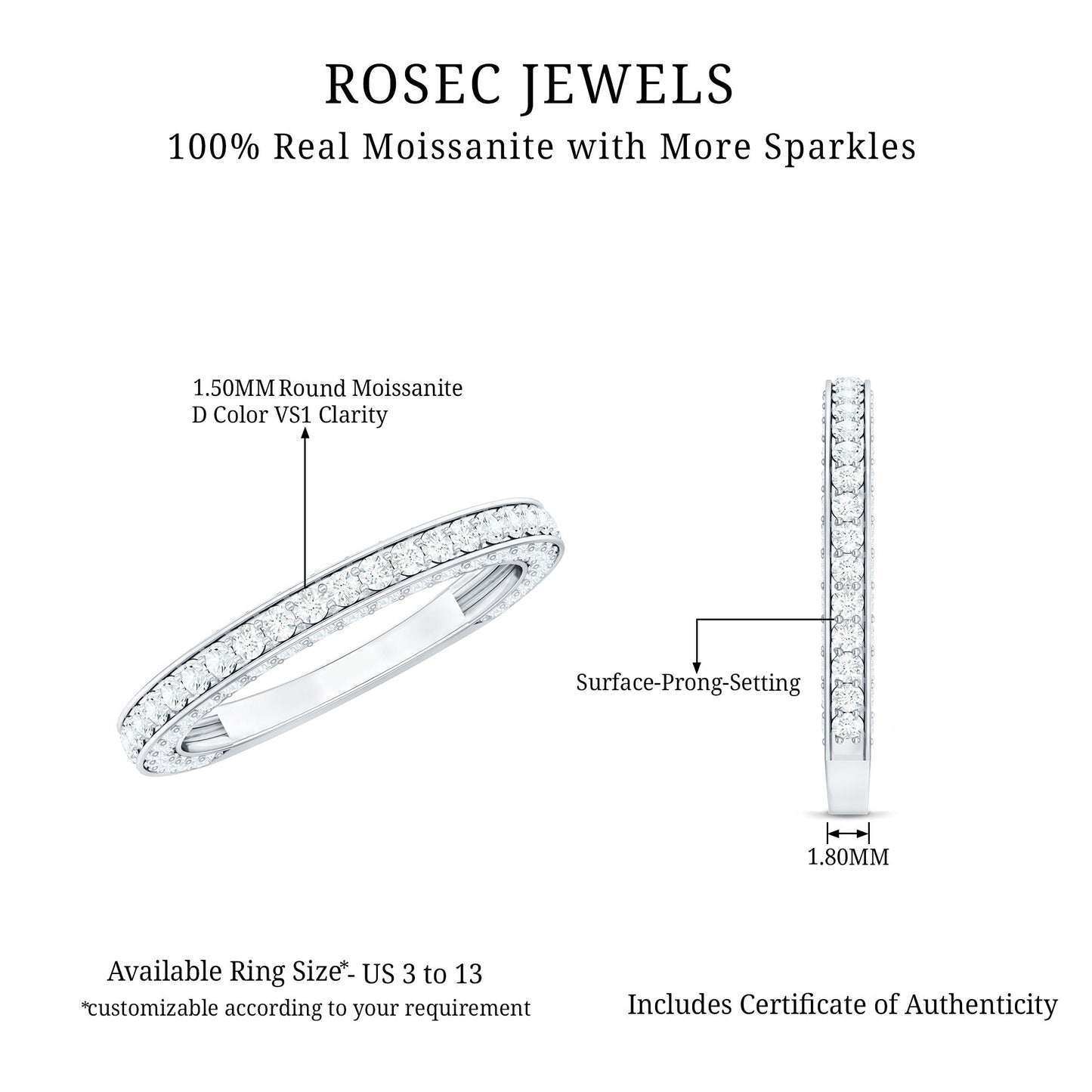 Surface Prong Set Moissanite Half Eternity Ring