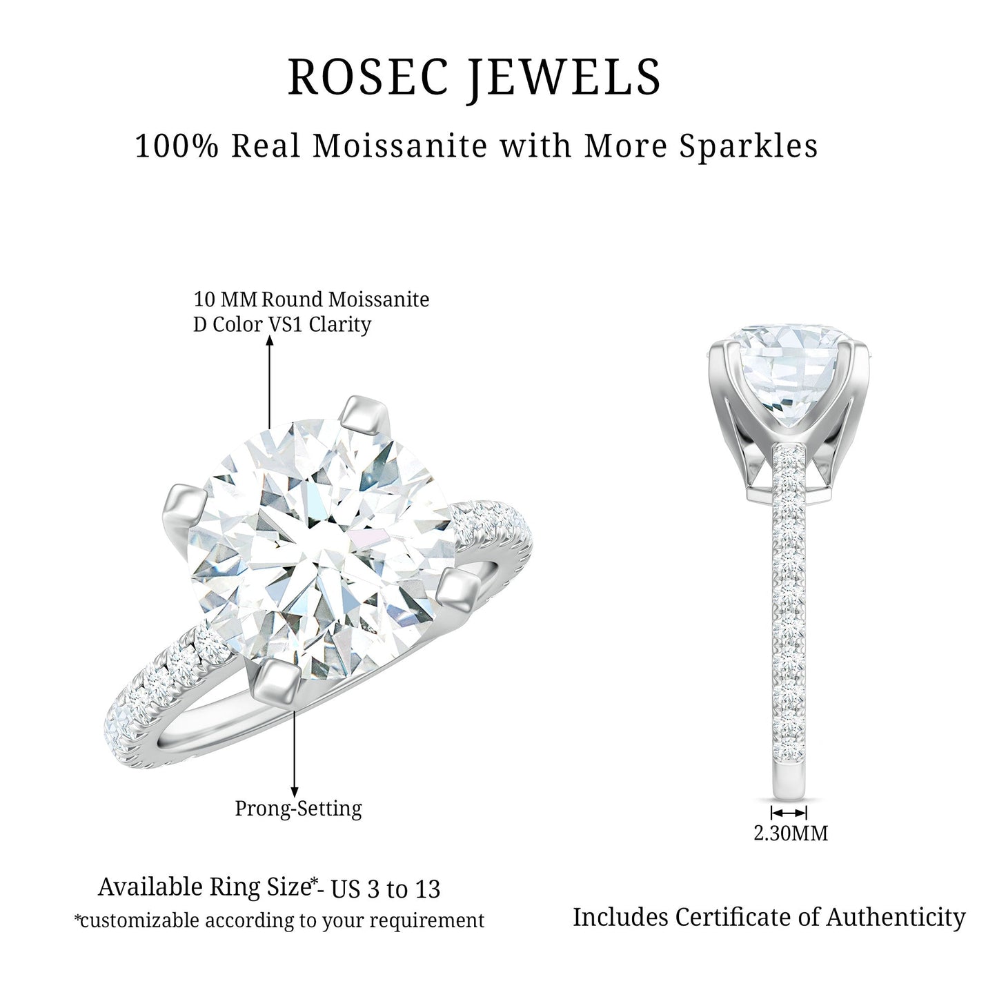Round 10 MM Moissanite Solitaire Engagement Ring with Side Stones