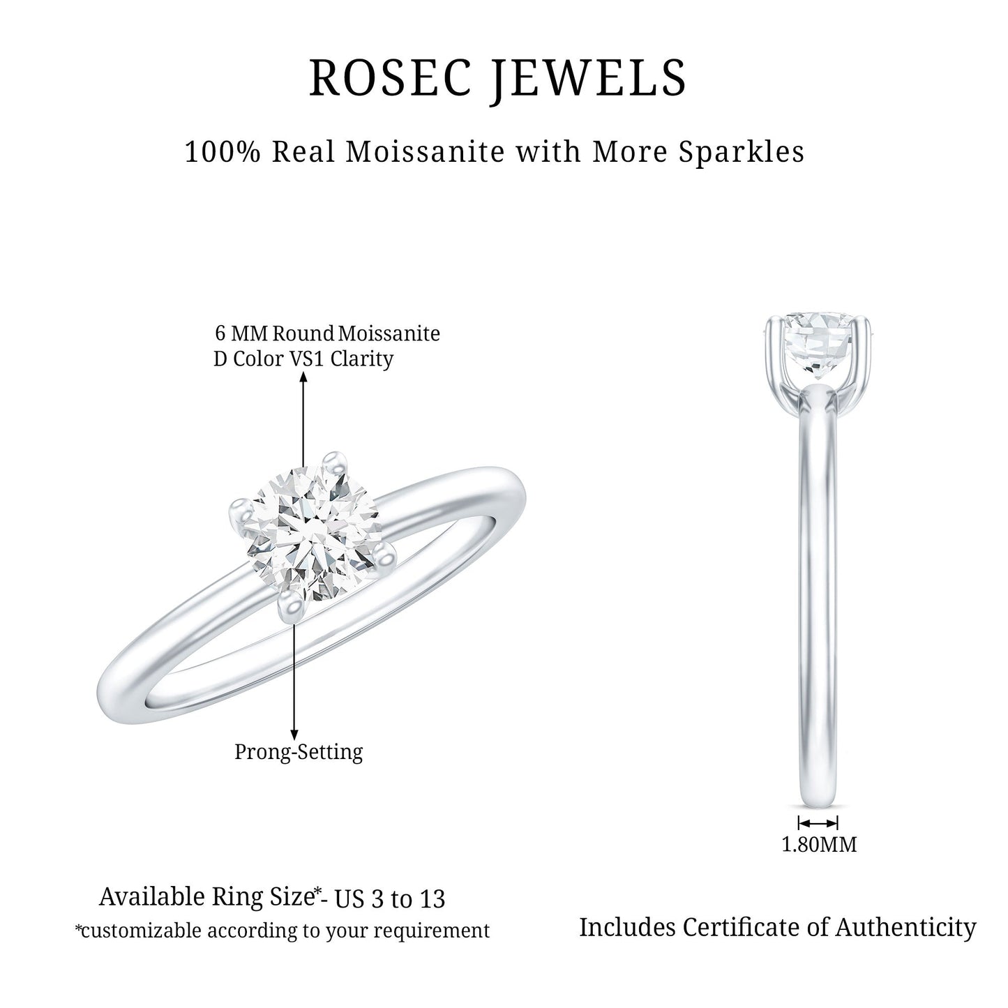 Certified 6 MM Moissanite Solitaire Promise Ring for Her