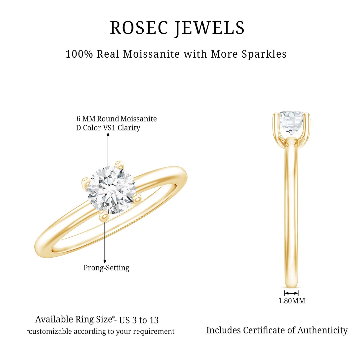 Certified 6 MM Moissanite Solitaire Promise Ring for Her