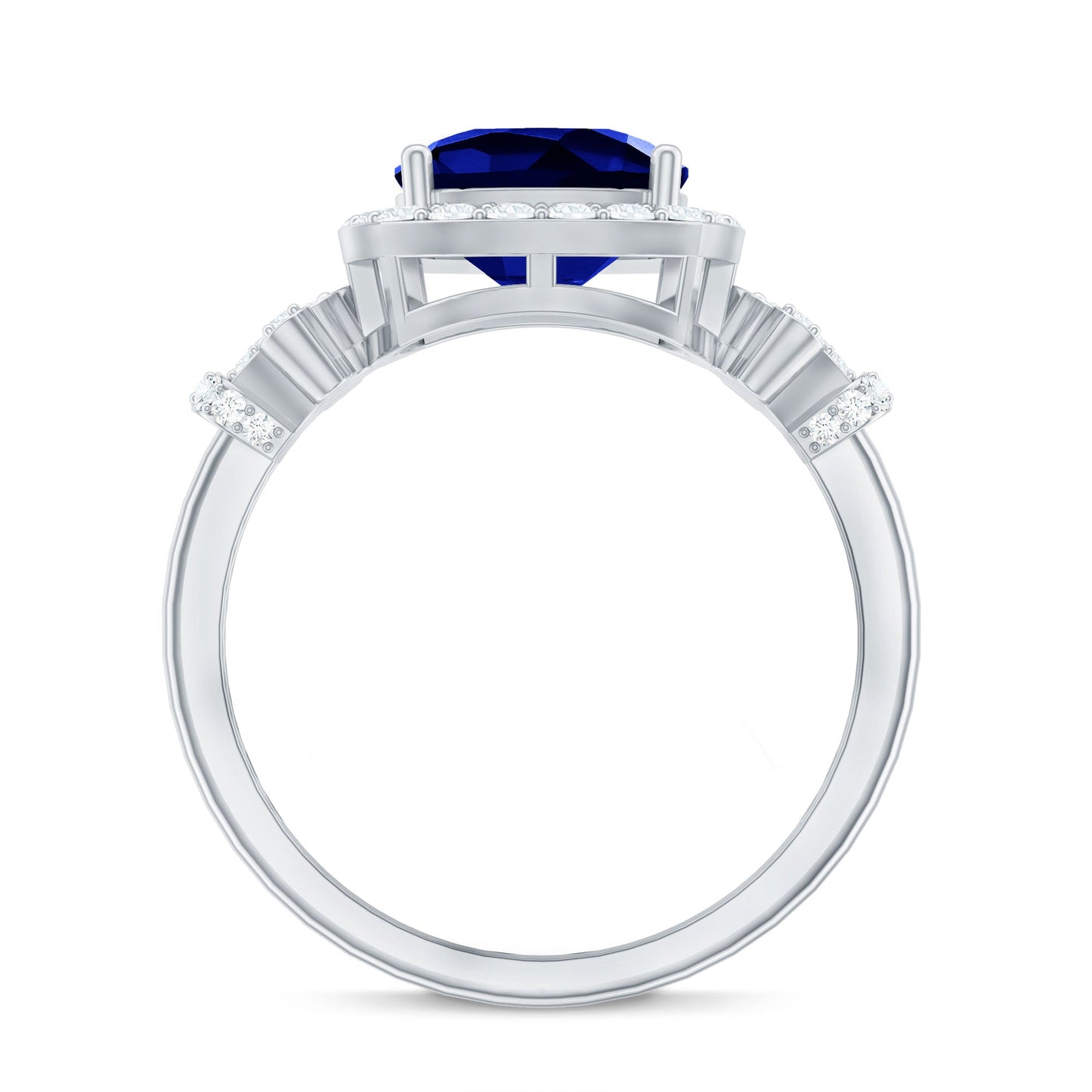 3.5 CT Cushion Cut Created Blue Sapphire Engagement Ring with Diamond Accent
