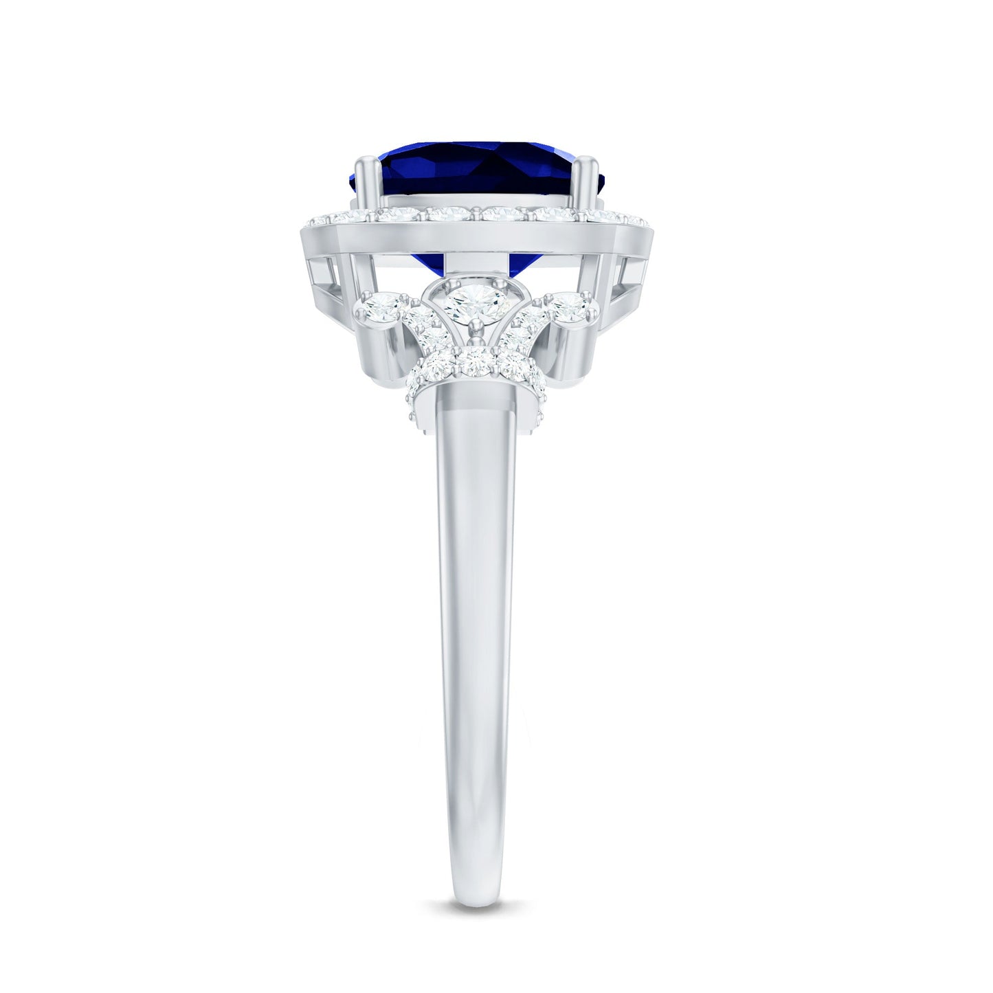 3.5 CT Cushion Cut Created Blue Sapphire Engagement Ring with Diamond Accent