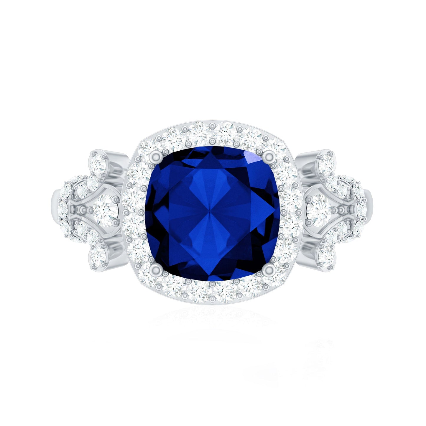 3.5 CT Cushion Cut Created Blue Sapphire Engagement Ring with Diamond Accent