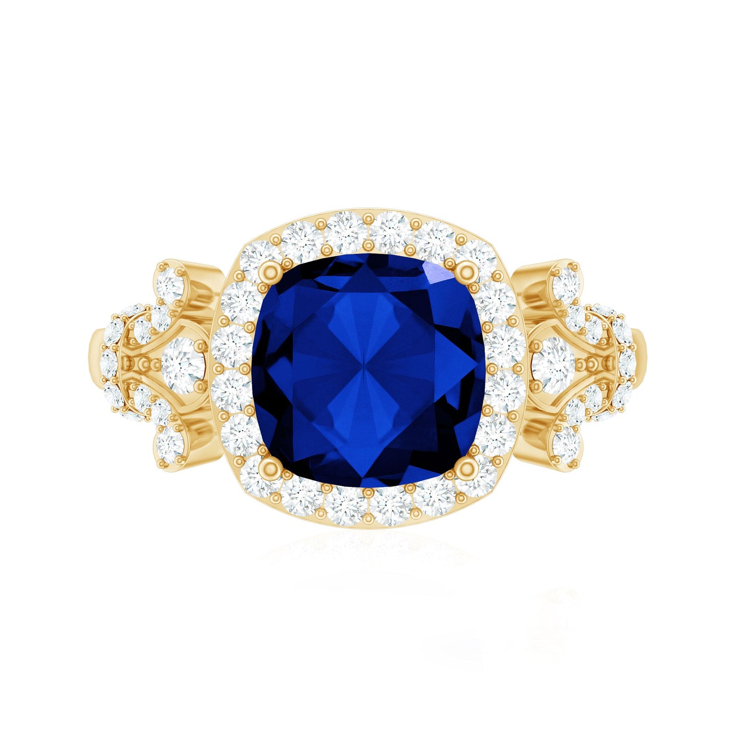 3.5 CT Cushion Cut Created Blue Sapphire Engagement Ring with Diamond Accent