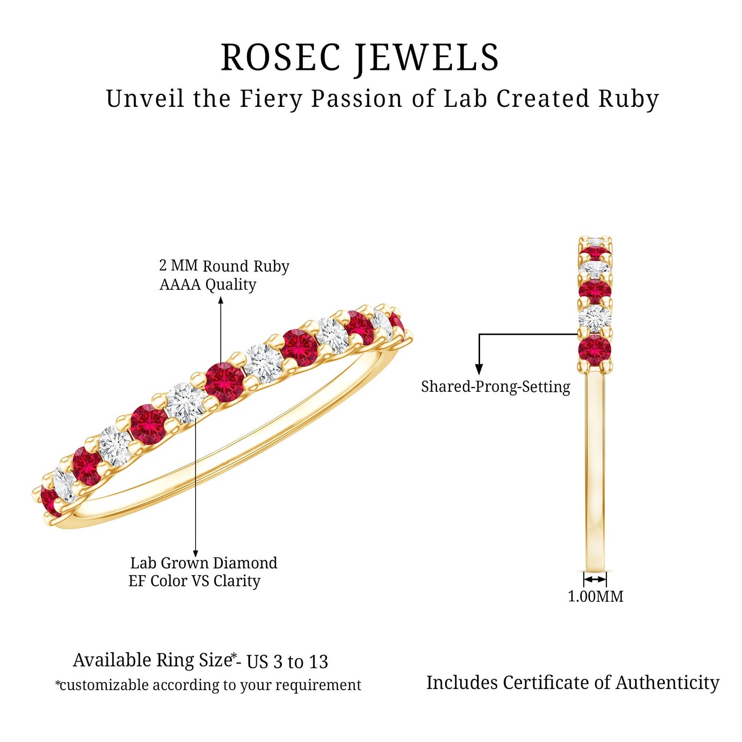 3/4 CT Created Ruby and Moissanite Stackable Band Ring