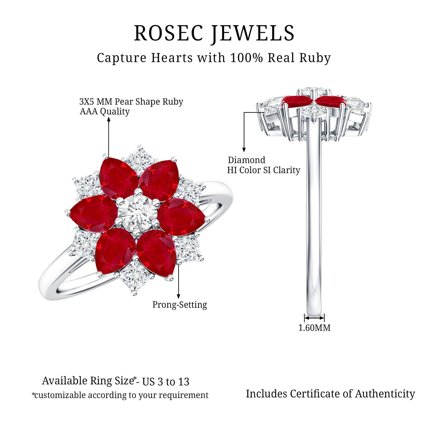 Natural 1.8 Carat Ruby Diamond Flower Engagement Ring for Women