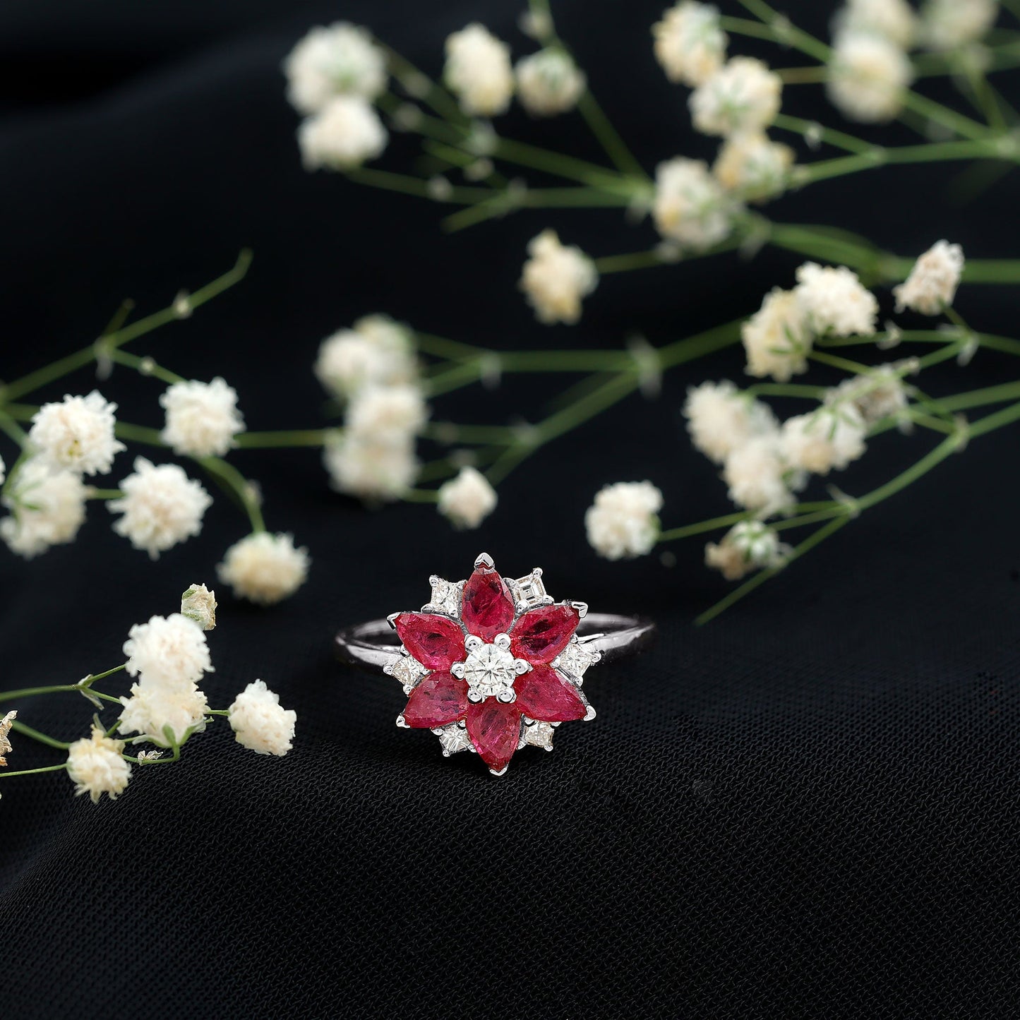 Natural 1.8 Carat Ruby Diamond Flower Engagement Ring for Women