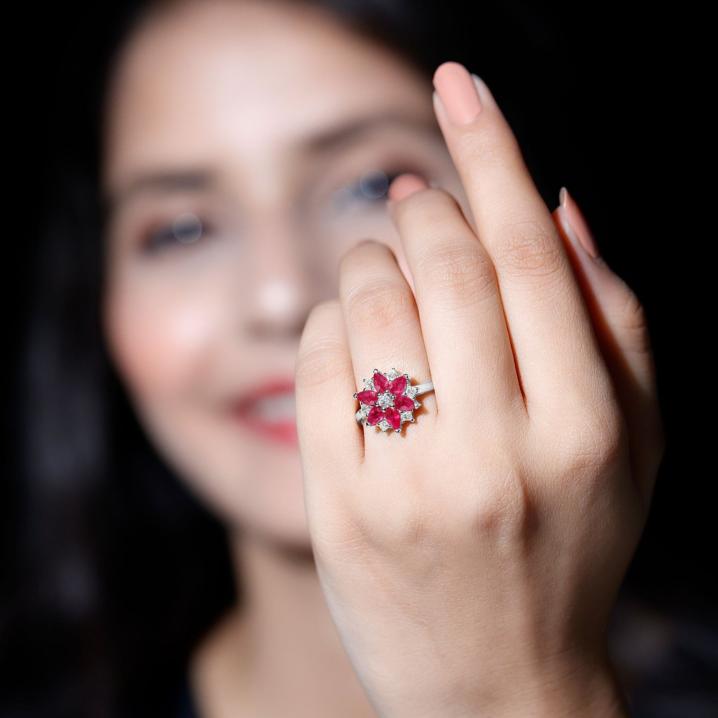 Natural 1.8 Carat Ruby Diamond Flower Engagement Ring for Women