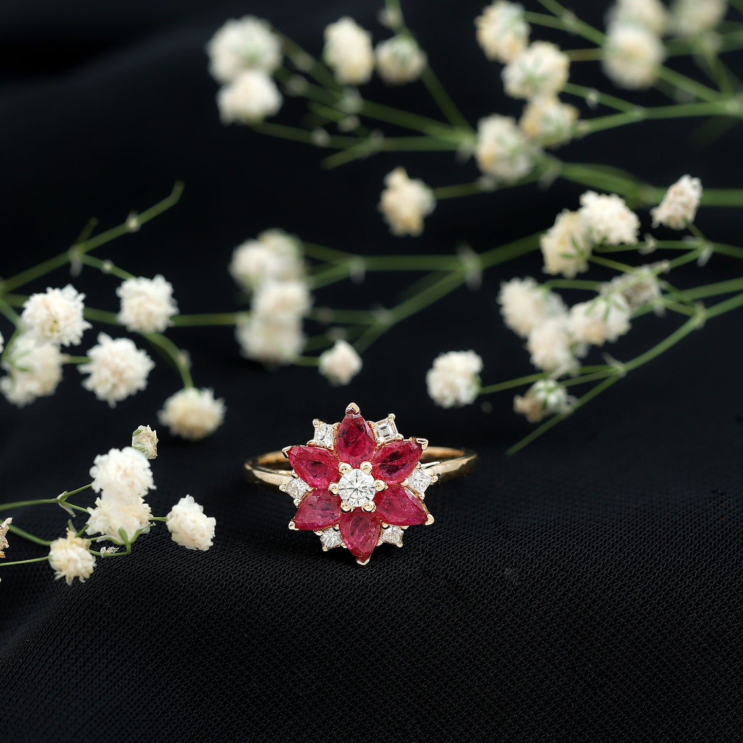 Natural 1.8 Carat Ruby Diamond Flower Engagement Ring for Women