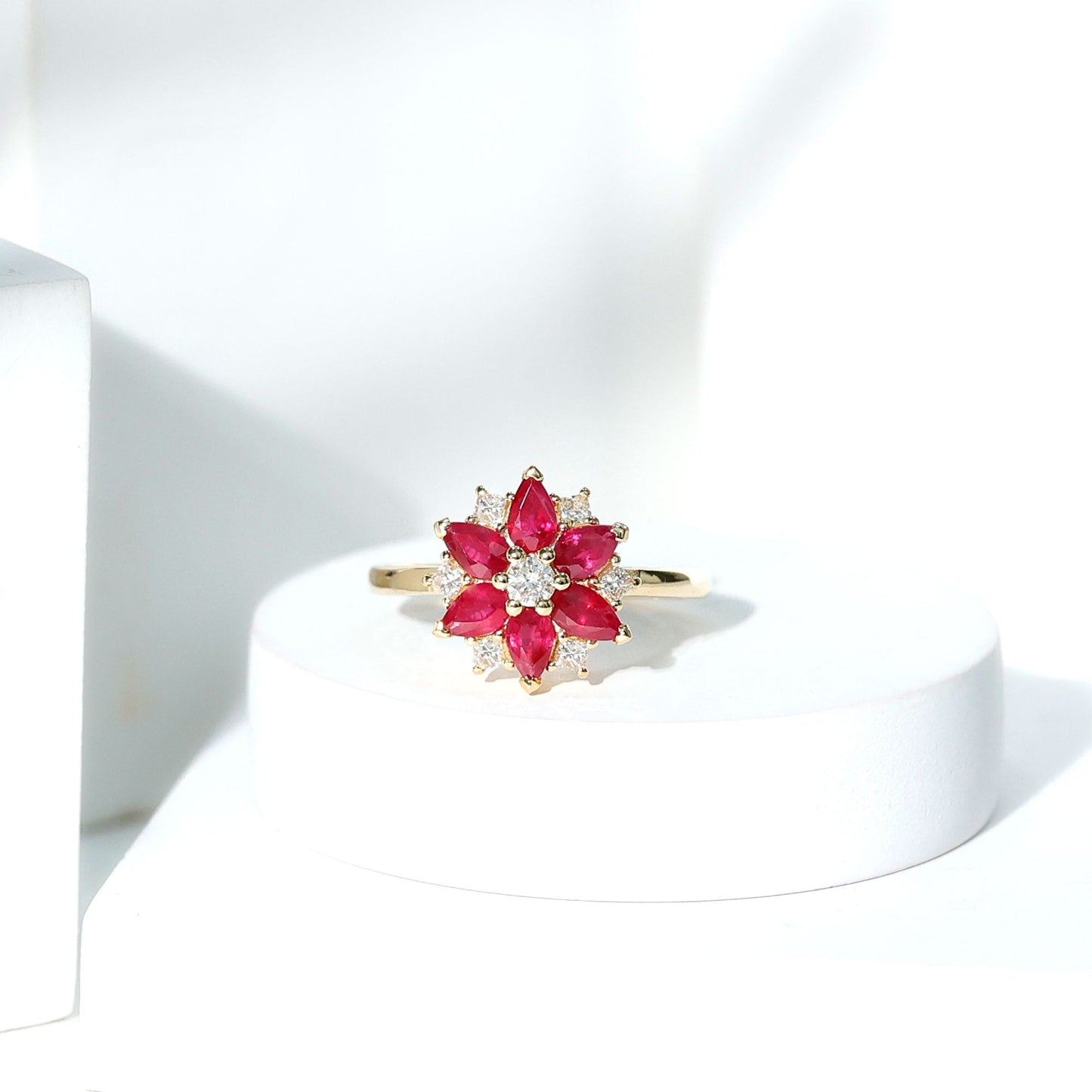 Natural 1.8 Carat Ruby Diamond Flower Engagement Ring for Women