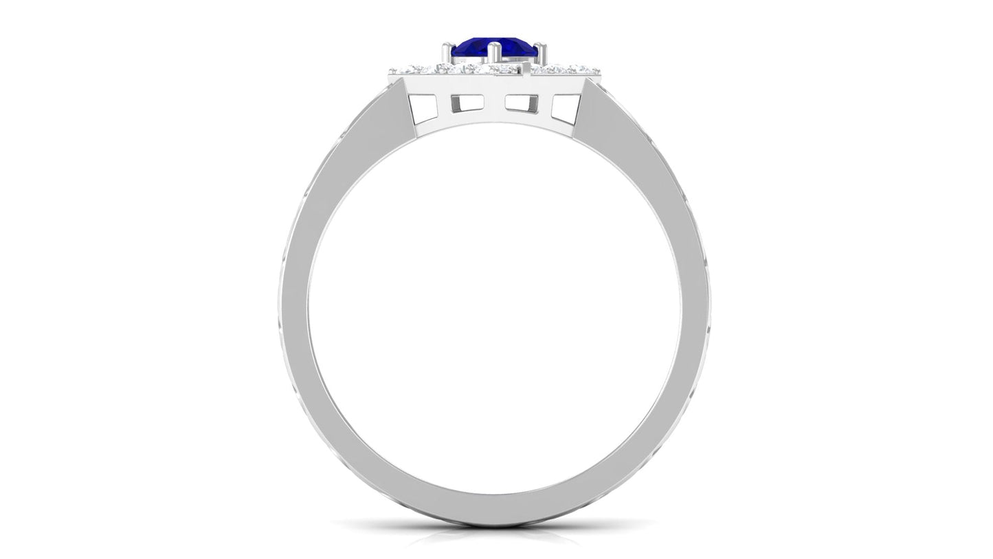 3/4 CT Minimal Blue Sapphire and Diamond Ring with Textured Details