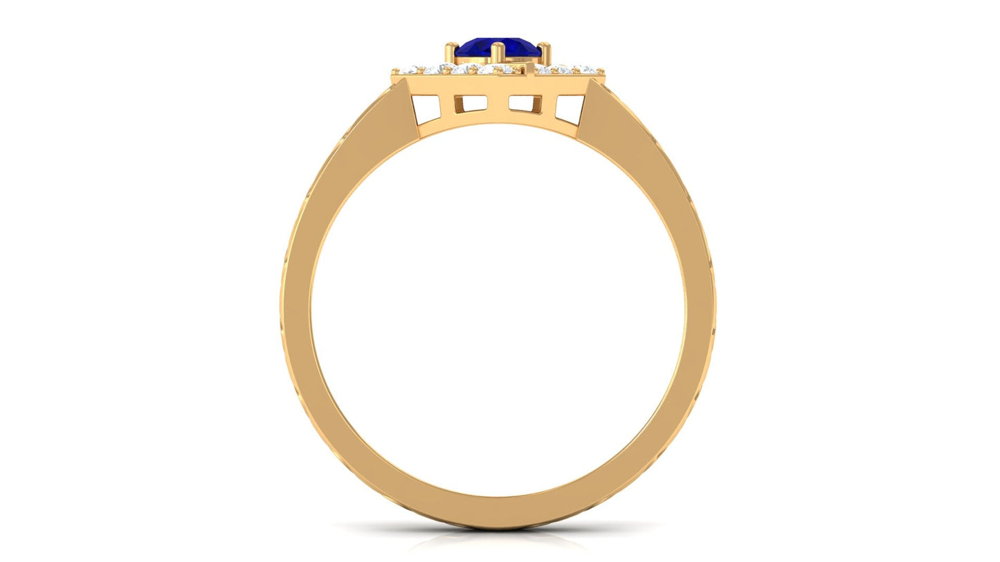 3/4 CT Minimal Blue Sapphire and Diamond Ring with Textured Details
