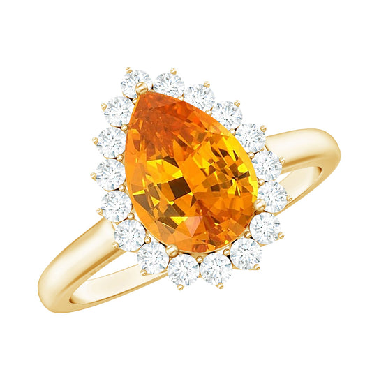 2.5 Carat Lab Grown Orange Sapphire Teardrop Engagement Ring with Diamond Halo