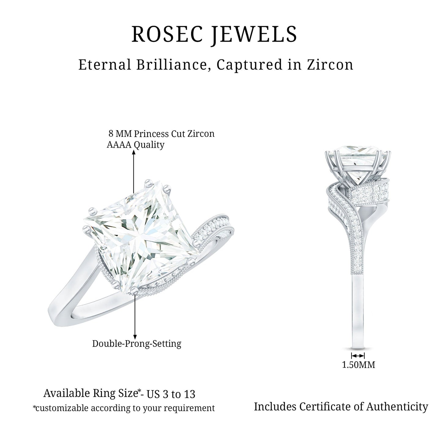 Designer Solitaire Cubic Zirconia Bypass Engagement Ring