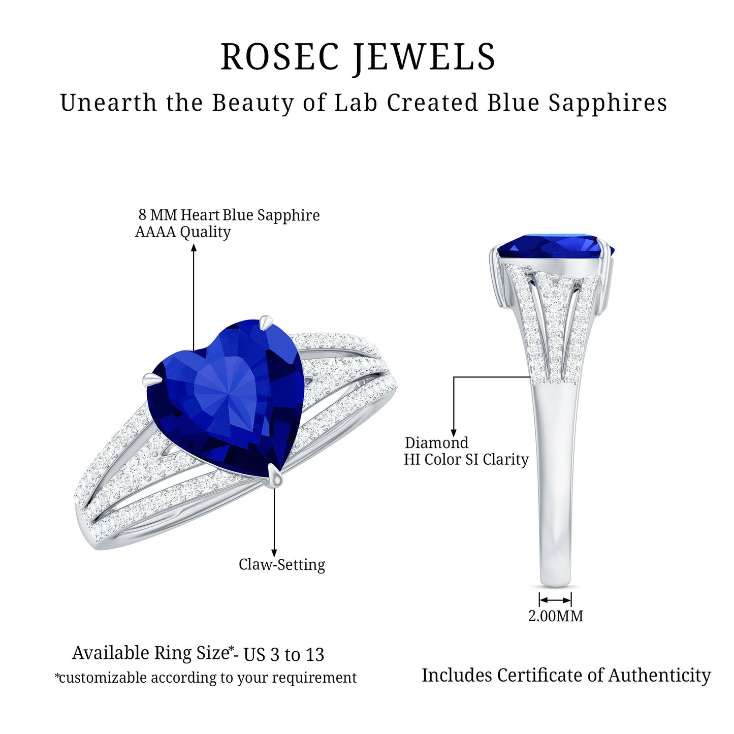 Certified 2 Carat Lab Grown Blue Sapphire Heart Engagement Ring with Diamond Split Shank