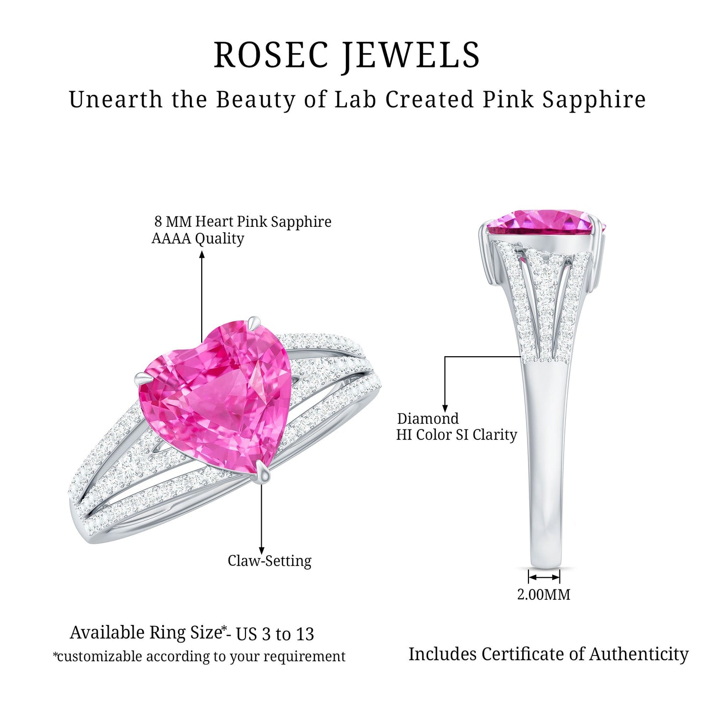 2 Carat Lab Created Pink Sapphire Heart Engagement Ring with Diamond