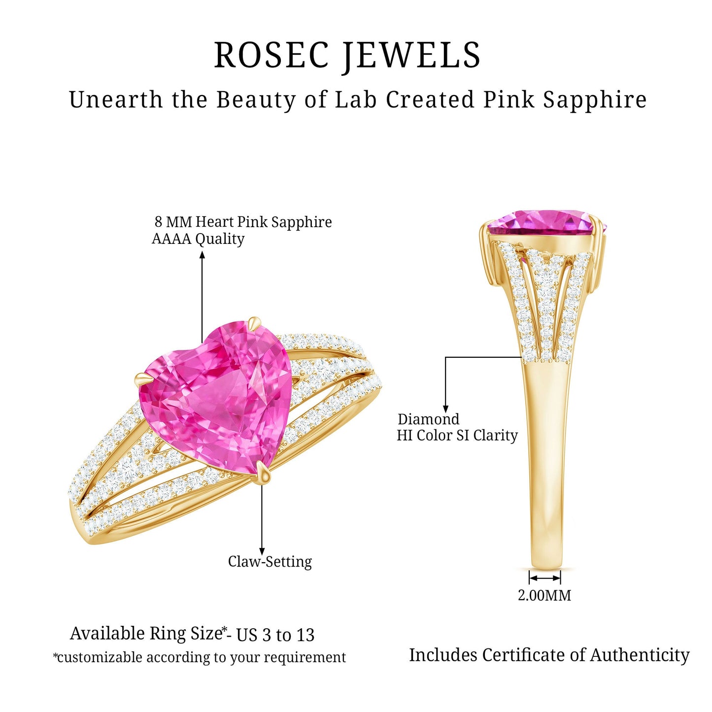 2 Carat Lab Created Pink Sapphire Heart Engagement Ring with Diamond