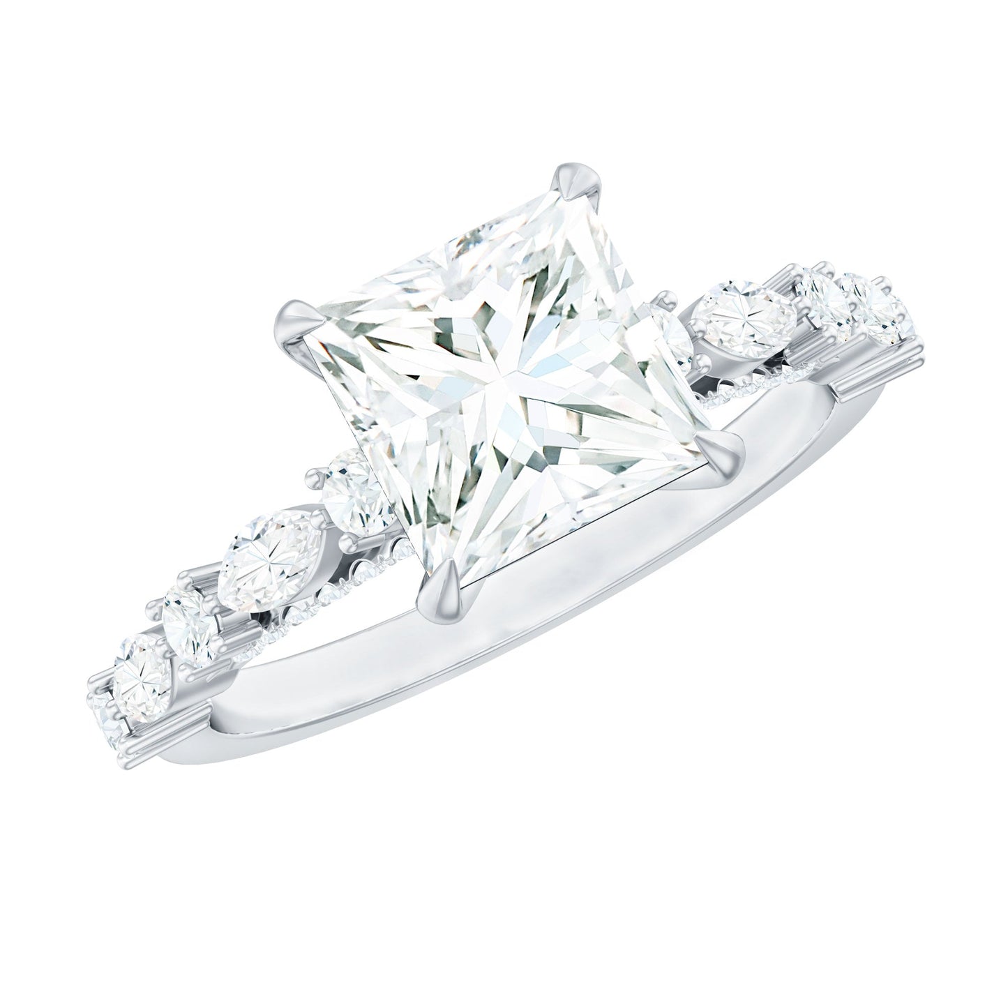 Certified Princess Cut Moissanite Engagement Ring with Side Stones