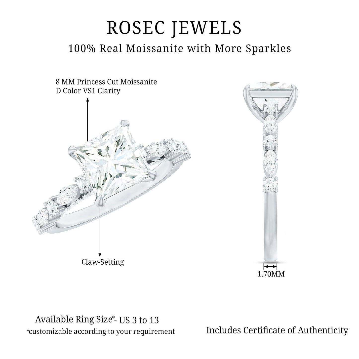 Certified Princess Cut Moissanite Engagement Ring with Side Stones