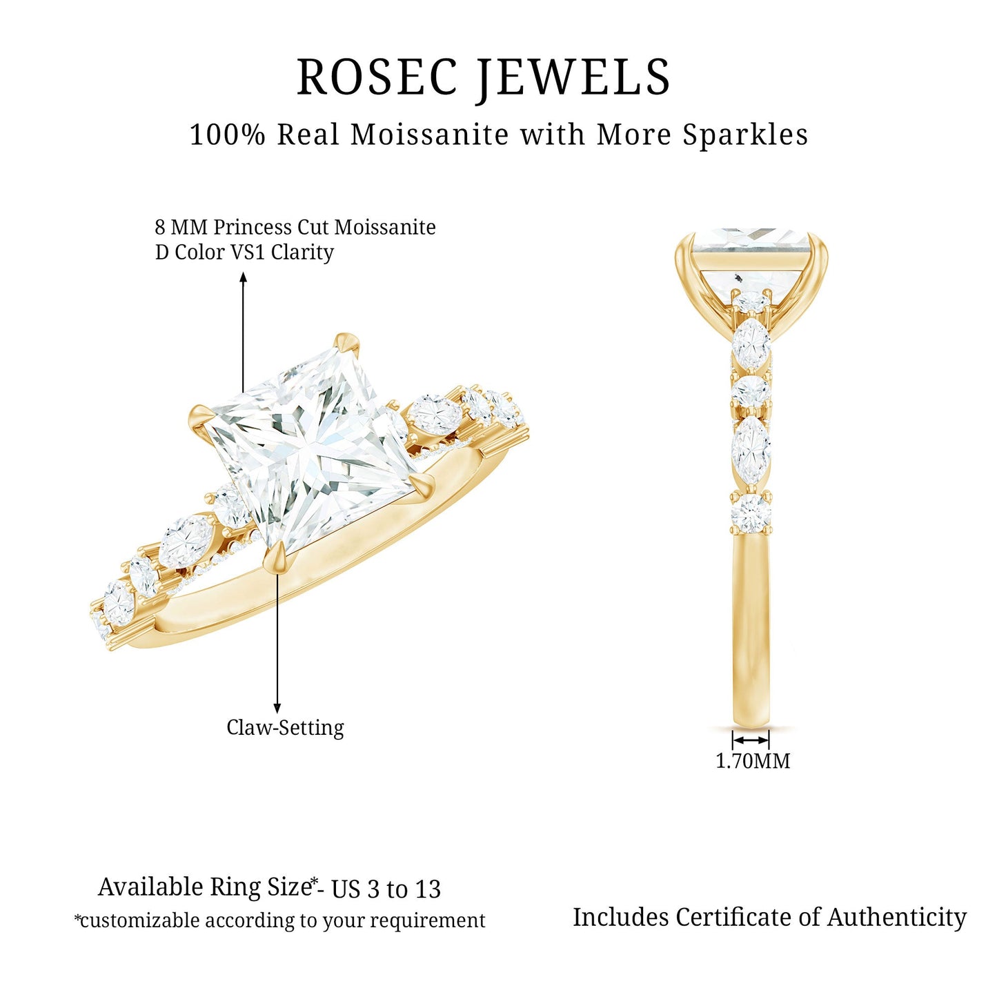 Certified Princess Cut Moissanite Engagement Ring with Side Stones