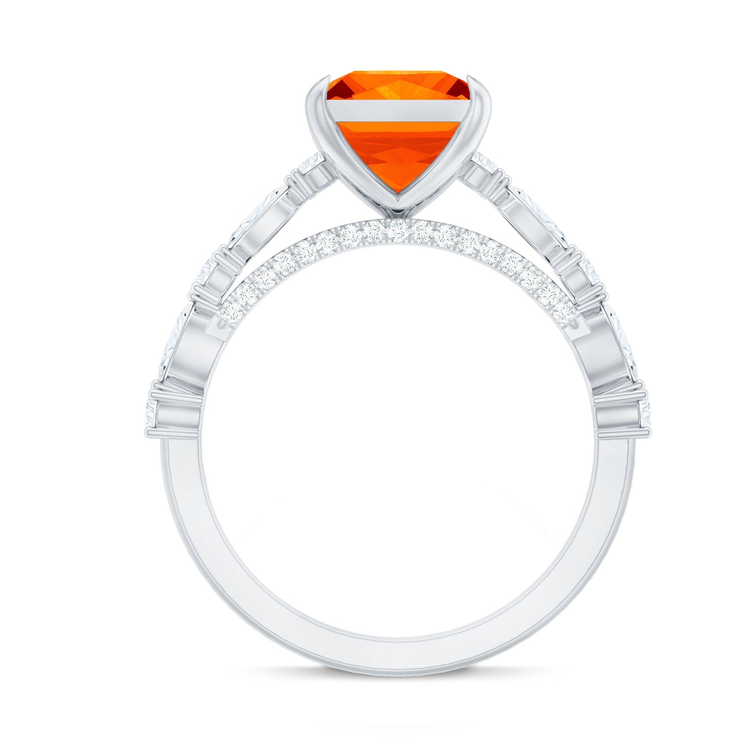2.75 Carat Lab Grown Orange Sapphire Princess Cut Engagement Ring with Side Stones