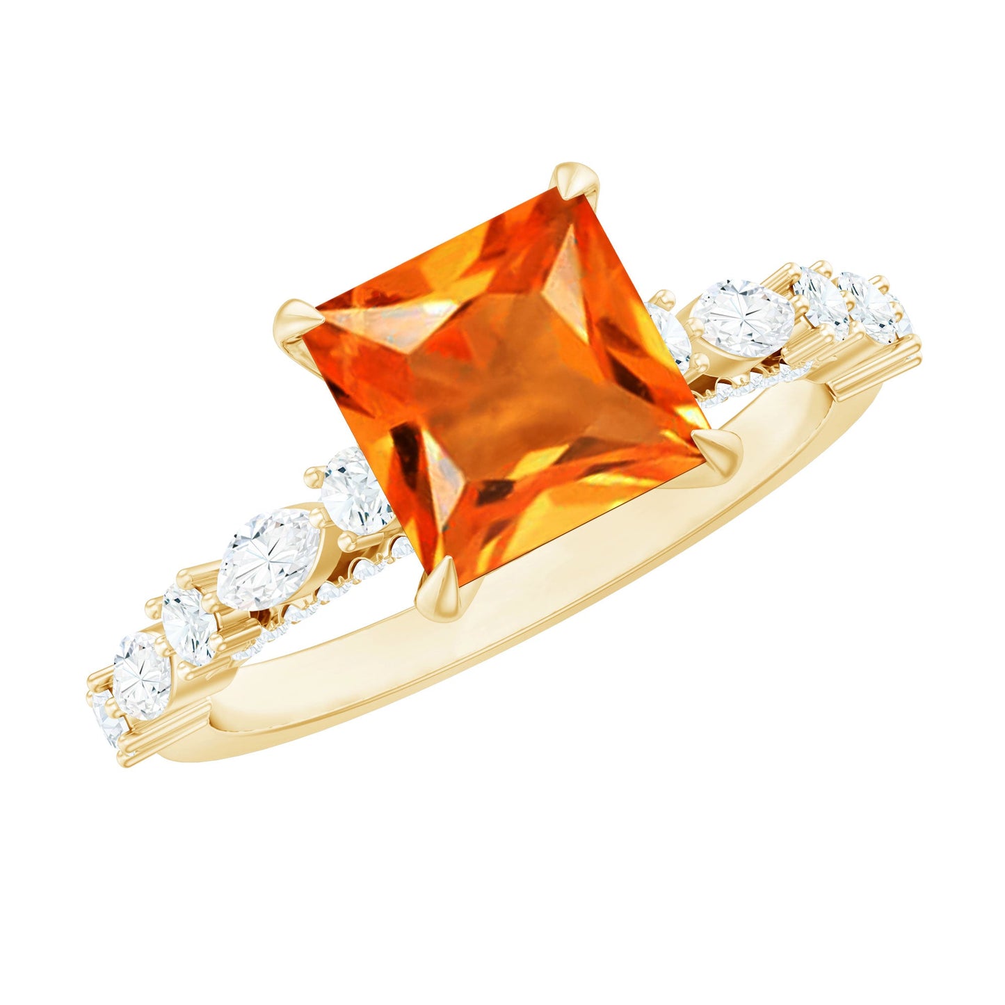 2.75 Carat Lab Grown Orange Sapphire Princess Cut Engagement Ring with Side Stones